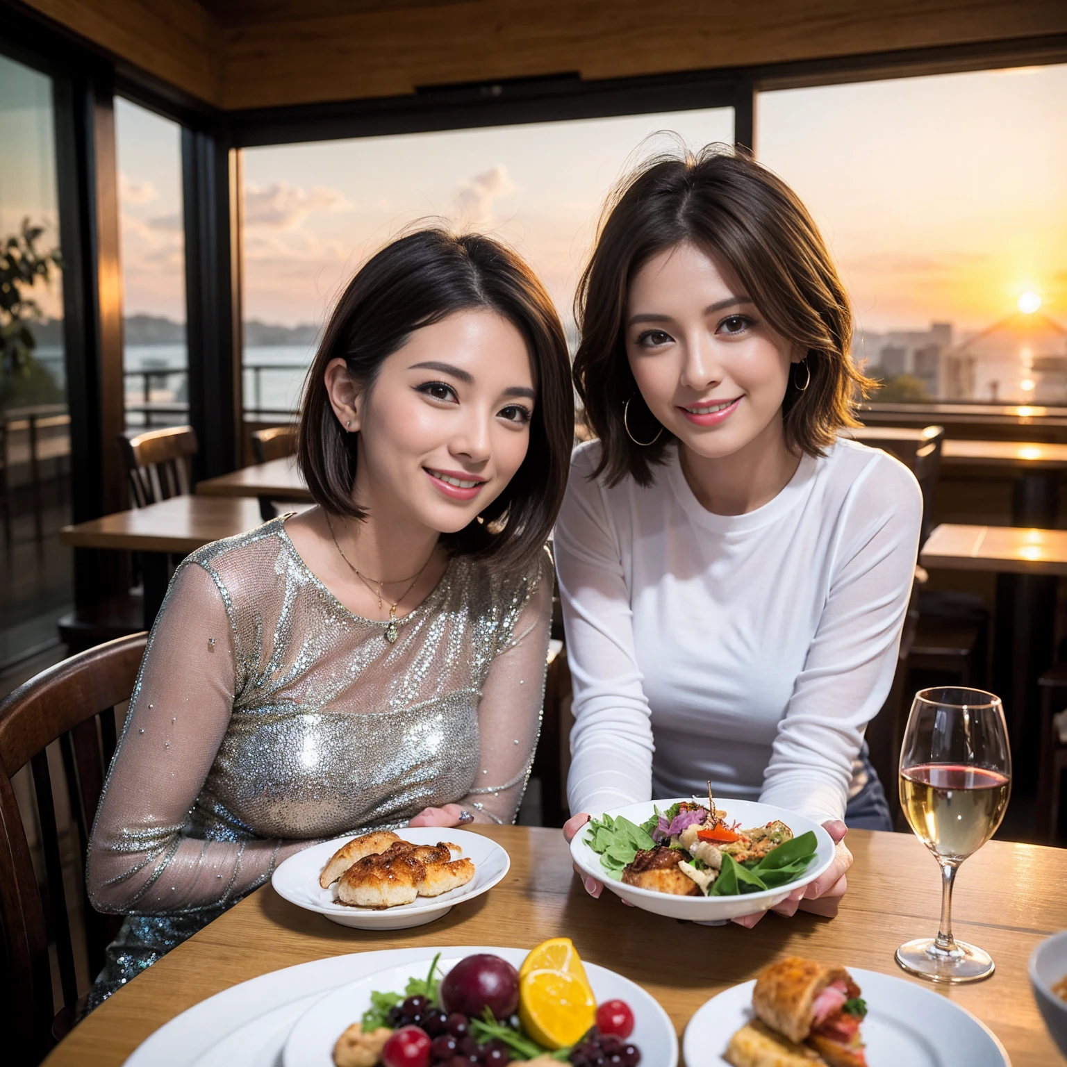 ((Highest quality、8K、masterpiece:1.3))、 (Genuineistic, Genuine、Bright image、Intricate details:1.2), 最高のsmile、1 male、1 female、Beautiful couple、Love Love Love、A mistress who resembles Miki Nakatani、Female announcer、actress couple、smile、Full-course dinner at a packed table、 (Slim face), (the body is slim), (Brown Hair), (short hair), テーブルのwine glass、Please shine a light on my face、 Amazing view of the sunset sky and clouds、42 years old 39 years old, red wine 、Appetizers、Wine bottle、sparkling wine、Long sleeve shirt、dress、White wine, red wine, wine glass,