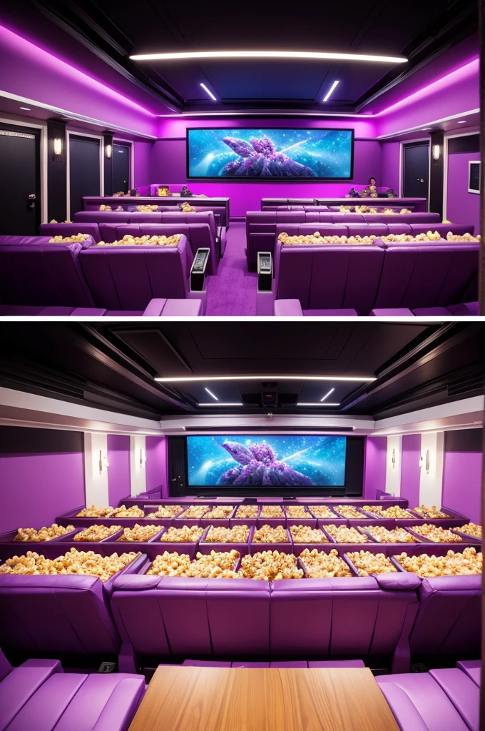 Create a purple movie theater that sells popcorn, refrigerator, candies, burgers and pizza