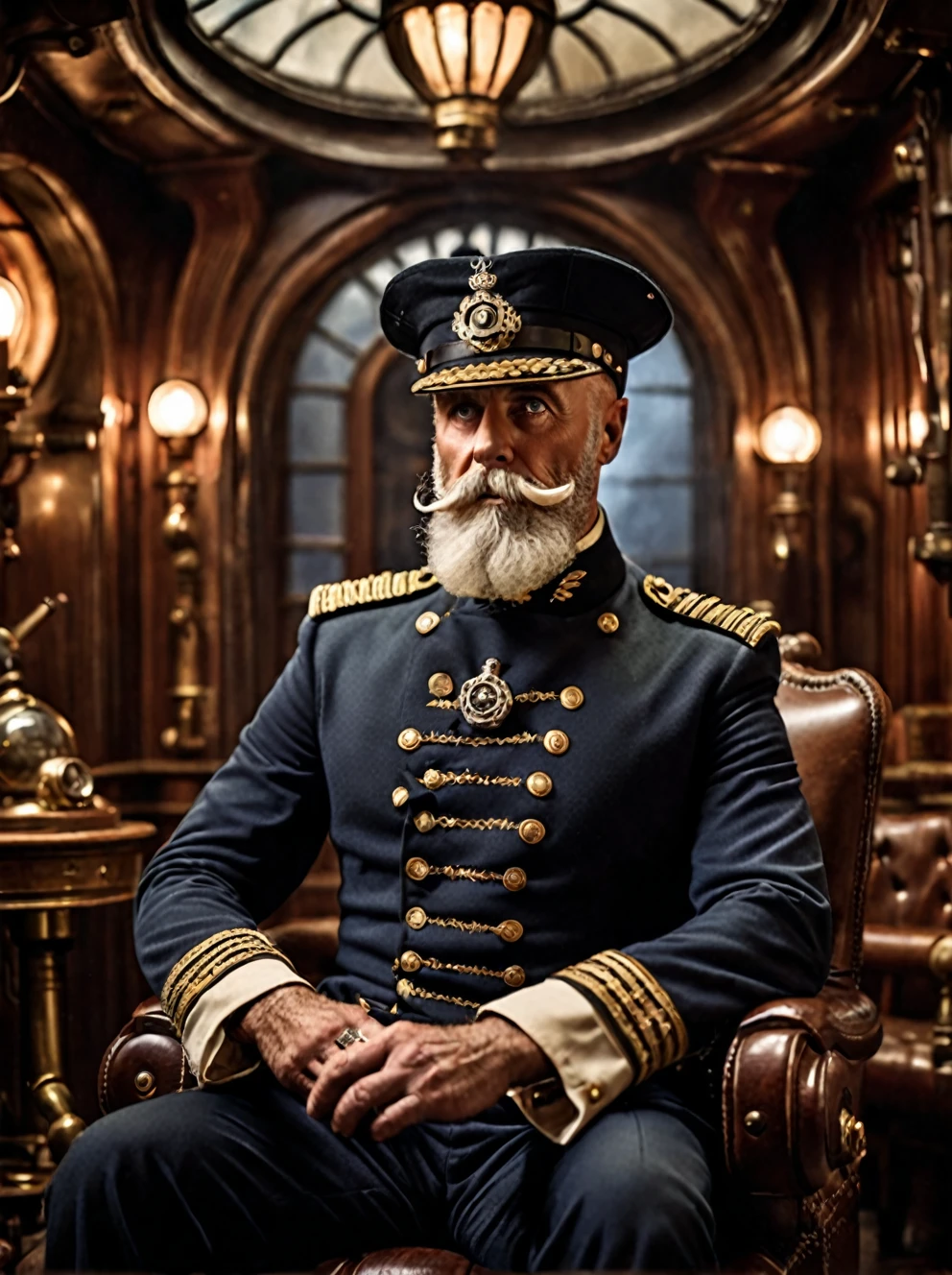 photo focus on male focus, indoors, realistic scenery, (captain nemo:1.1),  smoking a pipe,   close-up, arch, chair, loaded military uniform, steampunk nautilus-style. very wide shot, character photo portrait, film, professional, highly detailed, 