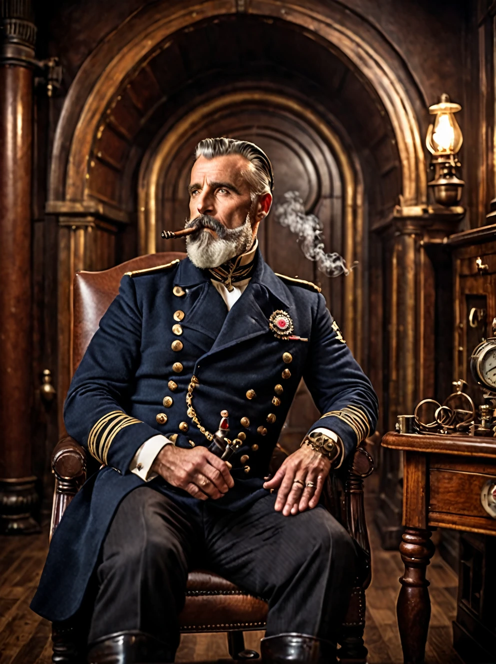 photo focus on male focus, indoors, realistic scenery, (captain nemo:1.1),  smoking a pipe,   close-up, arch, chair, loaded military uniform, steampunk nautilus-style. very wide shot, character photo portrait, film, professional, highly detailed, 