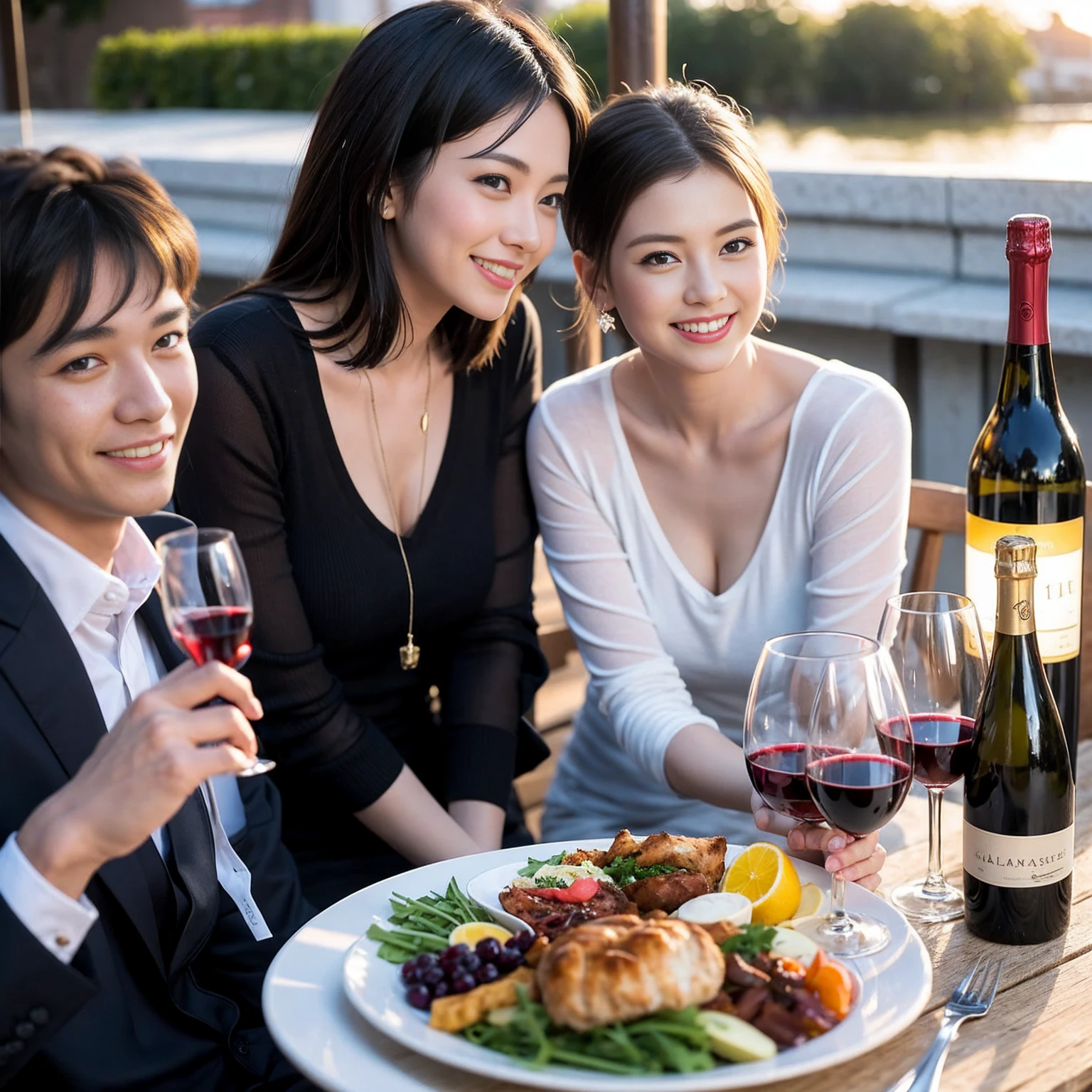 ((Highest quality、、masterpiece:1.3))、 (Genuineistic, Genuine、Bright image、Intricate details:1.2), 最高のsmile、1 male、1 female、Beautiful couple、love love love、fiancee、Good friends、actress couple、smile、Full-course dinner at a packed table、 (Slim face), (the body is slim), (Brown Hair), (short hair), テーブルのwine glass、Please shine a light on my face、 Amazing view of the sunset sky and clouds、29-year-old,age 34、 red wine 、Appetizers、Wine bottle、sparkling wine、Long sleeve shirt、dress、White wine, red wine, wine glass,