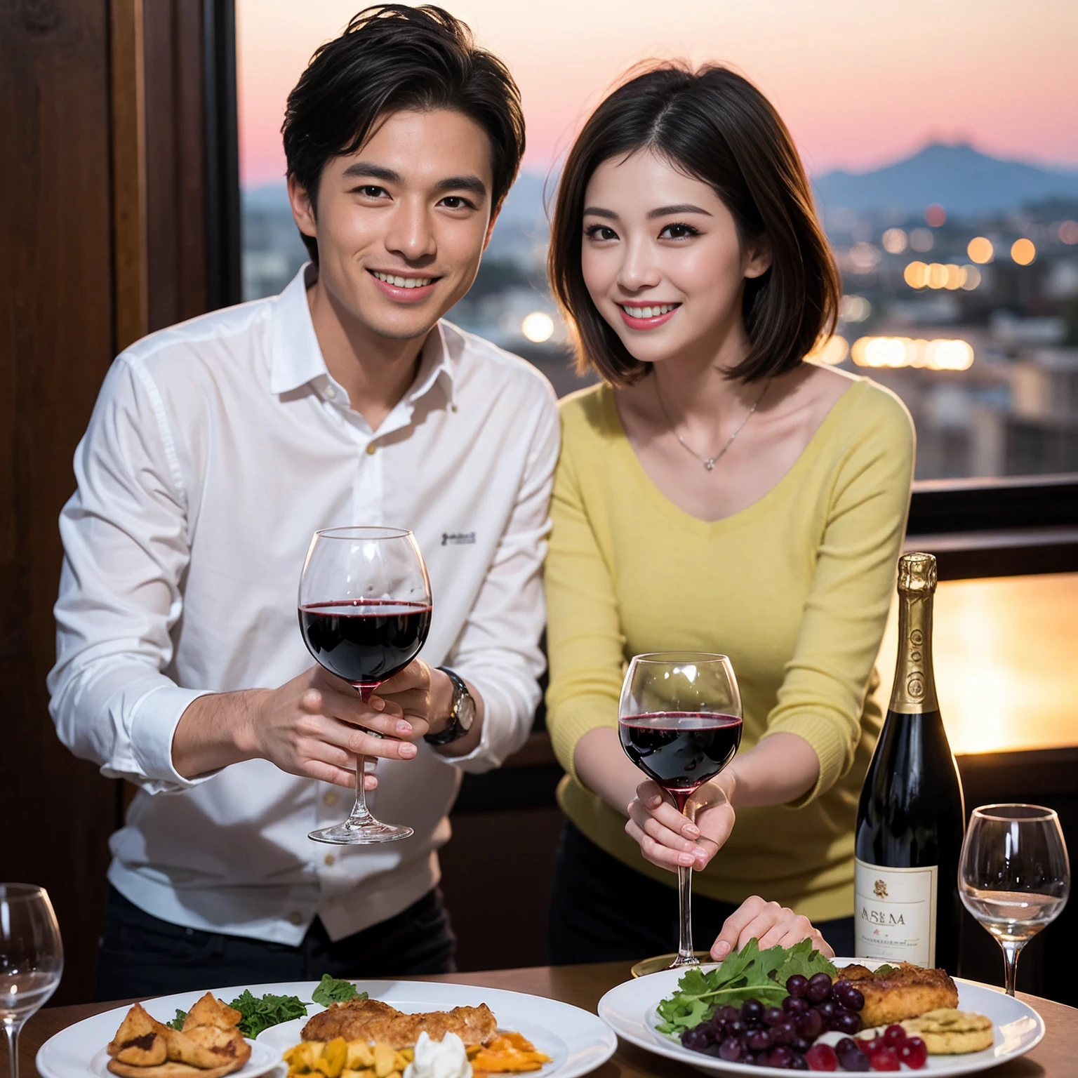 ((Highest quality、、masterpiece:1.3))、 (Genuineistic, Genuine、Bright image、Intricate details:1.2), 最高のsmile、1 male、1 female、Beautiful couple、love love love、fiancee、Good friends、actress couple、smile、Full-course dinner at a packed table、 (Slim face), (the body is slim), (Brown Hair), (short hair), テーブルのwine glass、Please shine a light on my face、 Amazing view of the sunset sky and clouds、29-year-old,age 34、 red wine 、Appetizers、Wine bottle、sparkling wine、Long sleeve shirt、dress、White wine, red wine, wine glass, 