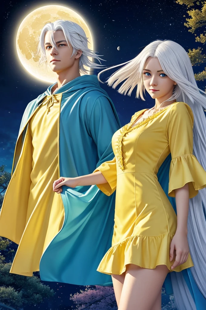 girl, beautiful anime with white hair and yellow eyes dressed in a yellow dress with a strong blue,while showing his power of moon and sil