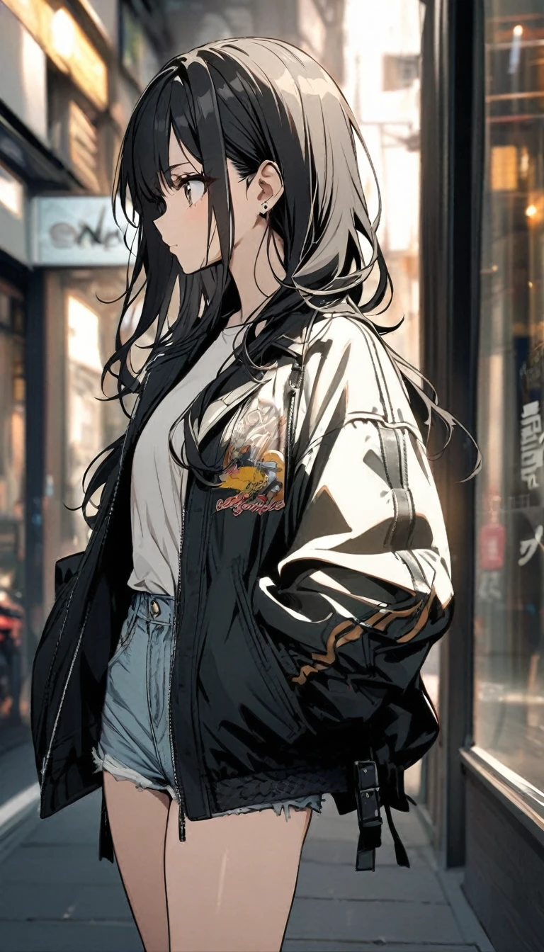 black hair, white shirt, jacket, 1girl, stylish