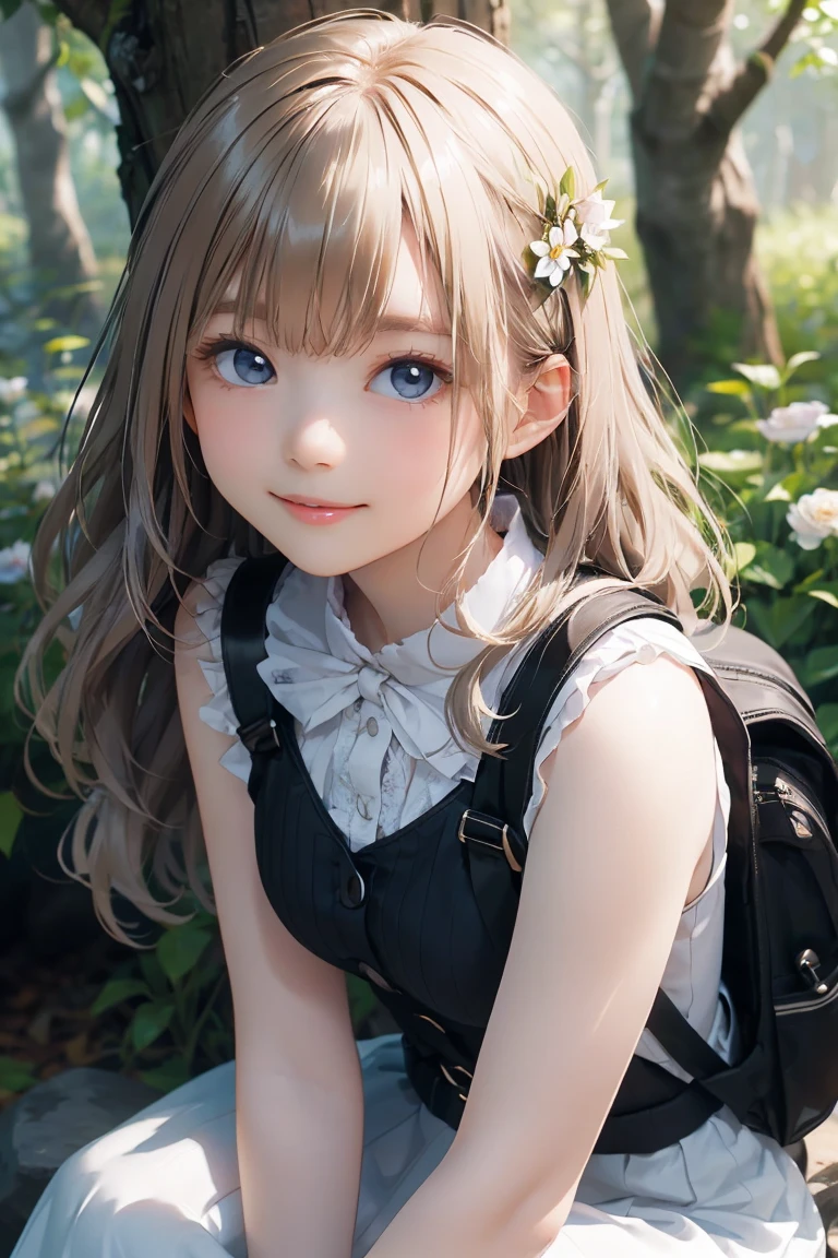 masterpiece,8K, (Highest quality), (Best Shadow), Dynamic Lighting, ((Flower Field)),(Sitting on a rock),((Mysterious Forest)),(Maximum resolution: 1.2), (smile),Backlight,Highly detailed face and skin texture, Delicate eyes, Blue-gray eyes, double eyelid, Natural Cheeks, White skin: 1.2, (Glossy Lips: 1.4),(pretty girl:1.3), (Wavy long hair), (Platinum Blonde Hair:1.2),((Dark Brown Fashion)),Large Breasts,(Lace skirt),(Small rucksack)