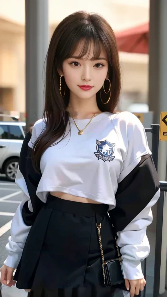 White Sweatshirt Clothes、Black mini skirt、The waist is low