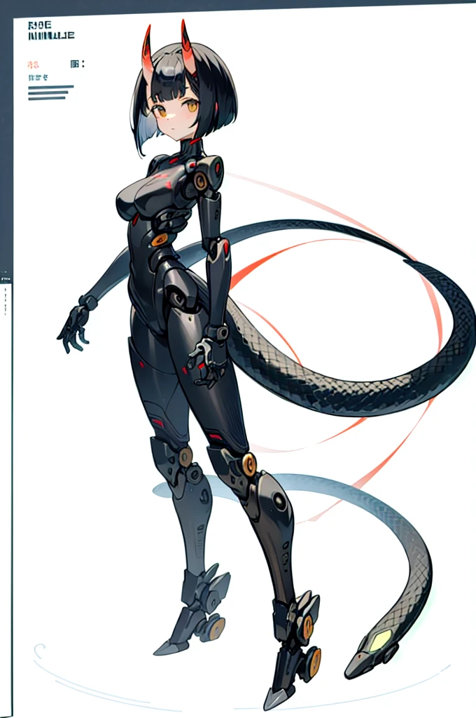(finely best quality illustration:1.2), (1girl, solo:1.0), (black short hair:1.0), (masterpiece, ultra high quality), (standing), (full body), (1girl), (solo), (female focus), (furry), (Anime art style), (Singular, large horn on the left side of her head), (half human/half snake hybrid female), (Messy bob-cut with bangs), (big eyebrows), (organic snake tail sticking out of ass) (Cute anime snake eyes), (mechanical limbs attached to limbless female body), (mechanical exo-suit with mechanical limbs)