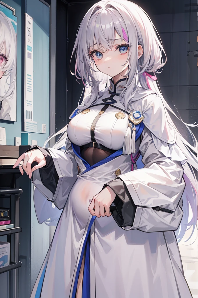 Rizeheruesta（nijisanji）,ponytail,Gray Hair,Light blue hair inside,hair ornaments,Purple eyes,Medium chest,Nipples,Nipplesピアス,naked,Spread your legs and show your pussy,Ahegao,Dripping love juice,Wearing a collar,He&#39;s also handcuffed.