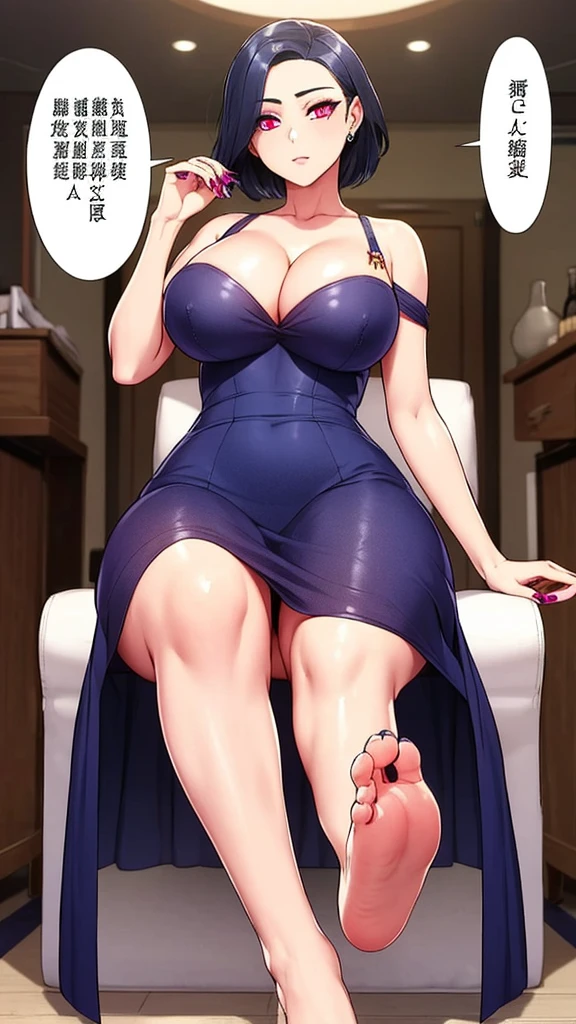 1 Girl，individual，breast，Looking at the audience，short hair，大breast，Black Hair，dress，Cleavage， shoulders，Jewelry，sit，wing，赤foot，Pink Eyes，Nail polish，foot，Tattoo，foot趾，Sole，Cross-legged，蝙蝠wing，Black nails，Glowing eyes，foot趾甲，Nail polish，vampire，throne