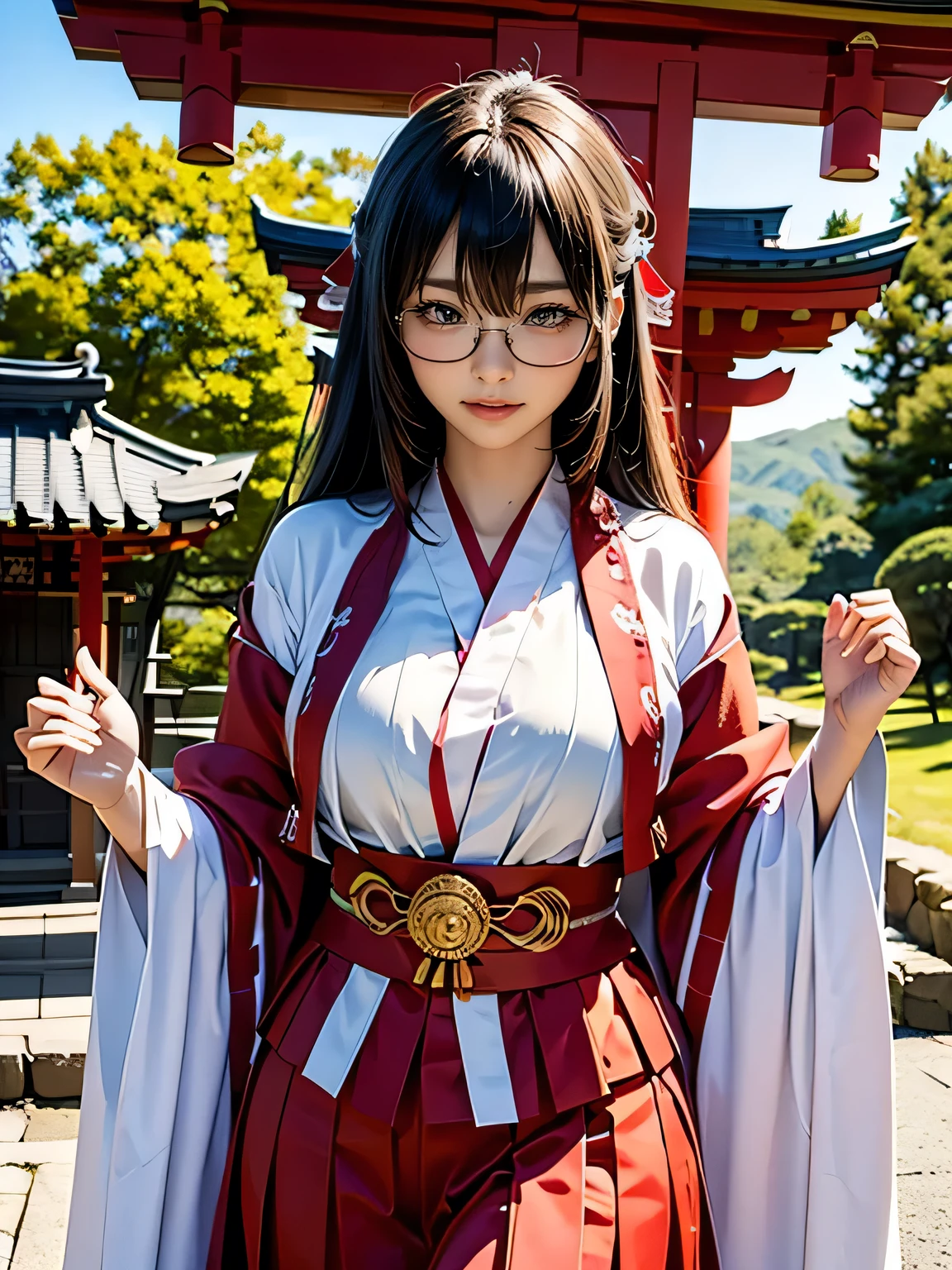 shrine maiden、Crimson too、Shrine maiden attire、ceremony、shrine、within the territory、Long Hair、beautiful girl、Clear Skin、Oracle、The chest is slightly open、cowboy shot,shrine maiden outfit,red skirt,Glasses、