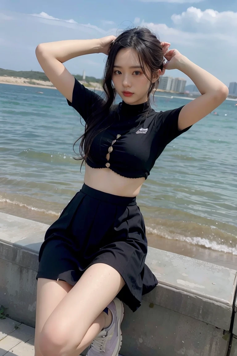 ((masutepiece)), ((Best Quality)), (Ultra-detailed), ((Extremely detailed)), 4K, (8K), Best Quality, (Beautiful), Realistic, Real, Dynamic Angle 0, Front view ,a Japanese young pretty girl ,Large aquarium, aquarium, Daytime, In front of a large aquarium with fish, I'm glad to see the fish,Glamorous figure ,Long bob hair ,1girl in, Solo,"uniformss",「outfits」,"vestments"),Striped long sleeve T-shirt), (Pleated miniskirt), ((Beautiful eyes)), large full breasts, A big smile, hyper cute face, Glossy lips, double eyelids for both eyes, long eyelashes ,Natural makeup, shiny smooth light brown hair of a long bob hair, asymmetrical bangs, High resolution, high detailing, detailed hairstyle, Detailed face, Cinematic lighting, Octane Rendering, Hyper realistic, Perfect limbs, Perfect Anatomy