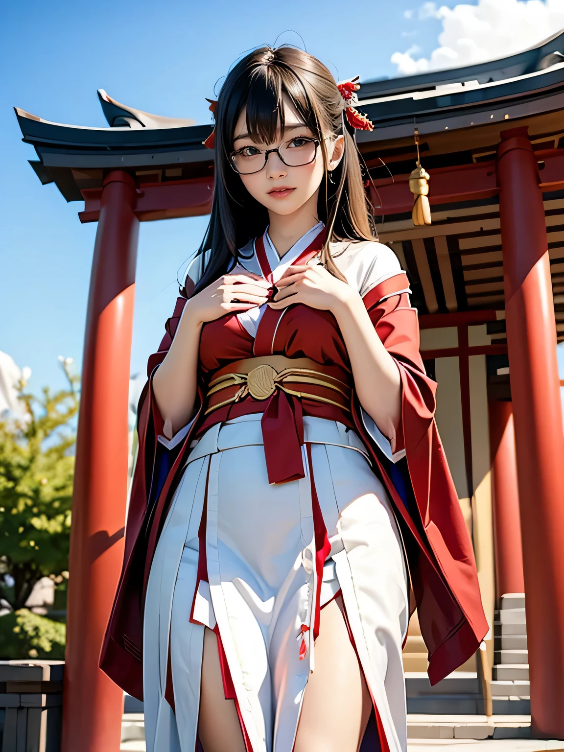 shrine maiden、Crimson too、Shrine maiden attire、ceremony、shrine、within the territory、Long Hair、beautiful girl、Clear Skin、Oracle、The chest is slightly open、cowboy shot,shrine maiden outfit,red skirt,Glasses、