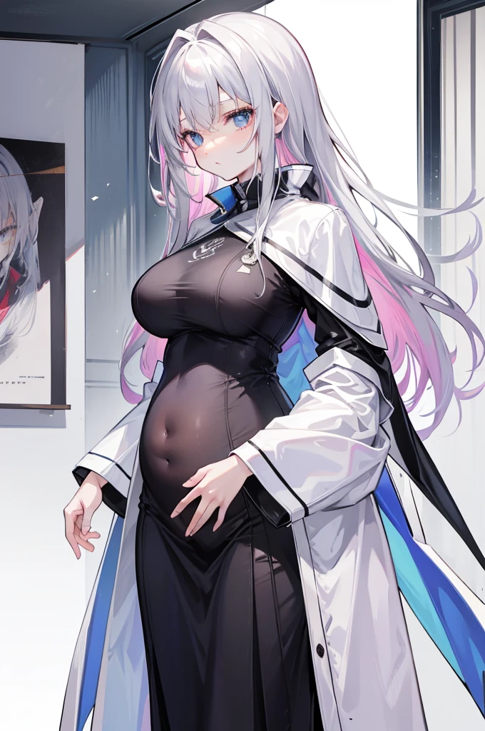 Height 1.6m，The eye color is a strange blend of gray-pink with silver-green；It's not that these two colors are weird，It's about the weird way of fusion，It's like turning a glaze into a solution。And the whites of her eyes always feel that they are not white。Her clothes are powder、ash、rot、The color of the blend of whites，The outermost layer is both a shawl and an overcoat，It can also be a cape from a certain angle。Her lower body is covered by what could be called a long-distance run，The strange stacking and pleats in the clothes room made it impossible for me to tell where my top and pants were。No figure，The face is between 15 and 17 years old in human females, her Belly is bloated like a woman who pregnant in her 10th month 
 with ???????????