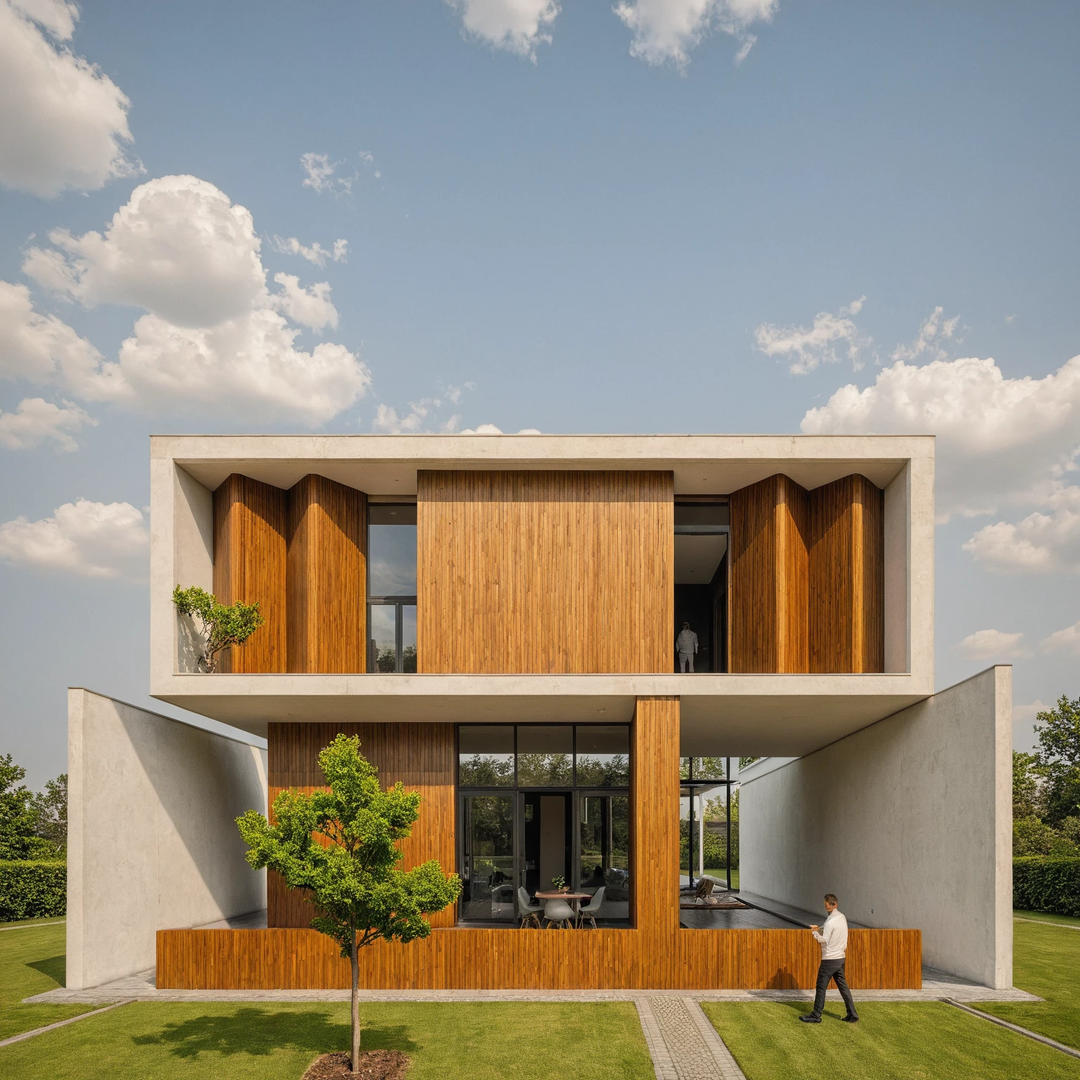 head of'ouvrages d'art, High quality, best quality, authentique, Great detail, En plein air, plain-piedVilla XL, credit group, style de maison moderne dans la rue ,stairs, white wall ,itinerary,pavement, grass, trees, sky, nuvens, (day light:1.1)
