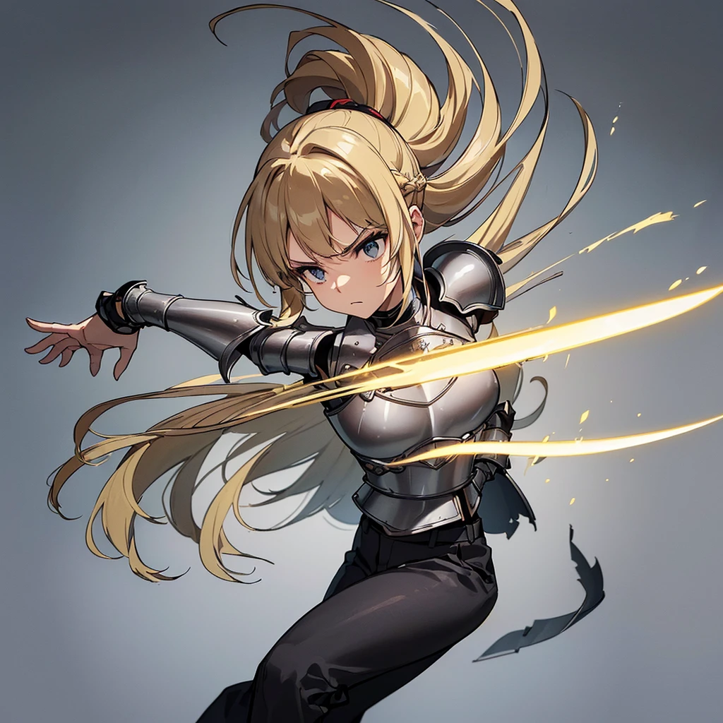 (((Solo)))、Highest quality, Best Quality、(((Gray simple armor、Black trousers))、(woman、18-year-old)、(Blonde、Long Hair)、Grab the sword、(Simple Background)、(Fighting stance, Flighting Pose, action, Movement angle, battle)、Dramatic Angle