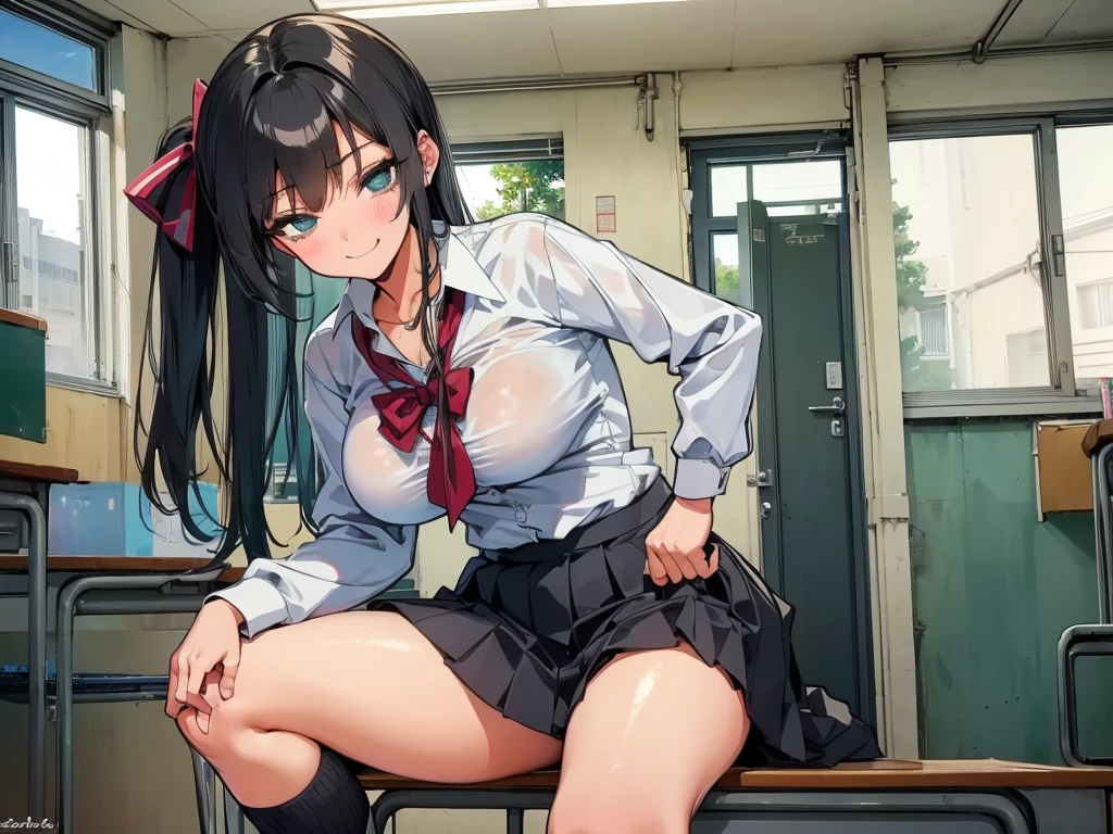 high school student、Women、School classroom、(Big Breasts)、smirk、curvy、(((((1 girl)))))、(from below)、With a cheek cane、