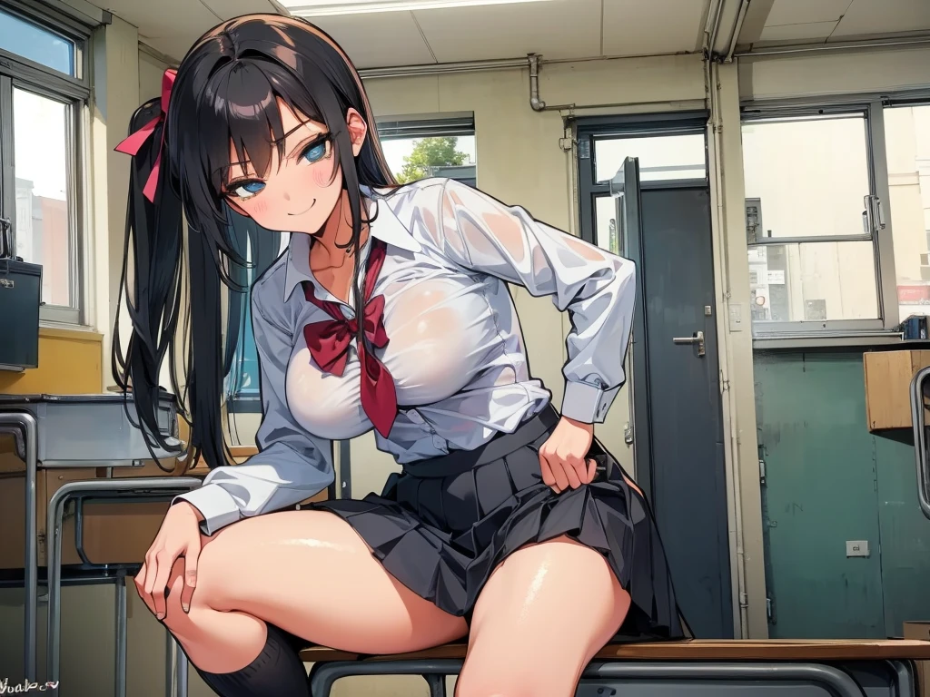 high school student、Women、School classroom、(Big Breasts)、smirk、curvy、(((((1 girl)))))、(from below)、With a cheek cane、