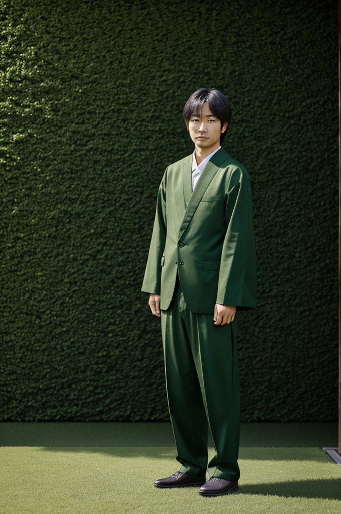 Imagine the boy standing under the cherry blossom tree, watching the leaf float effortlessly on the wind. The scene captures a moment of stillness and tranquility, with green and black digital elements subtly integrated into the natural setting, highlighting the juxtaposition of peace and the matrix.