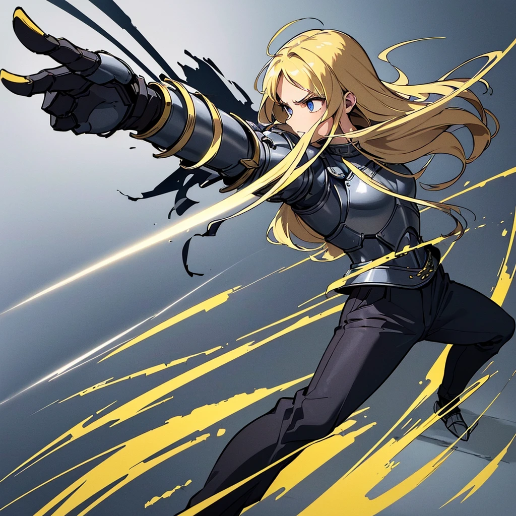 (((Solo)))、Highest quality, Best Quality、(((Gray simple armor、Black trousers))、(woman、18-year-old)、(Blonde、Long Hair)、Grab the sword、(Simple Background)、(Fighting stance, Flighting Pose, action, Movement angle, battle)、Dramatic Angle、(blue and yellow light)