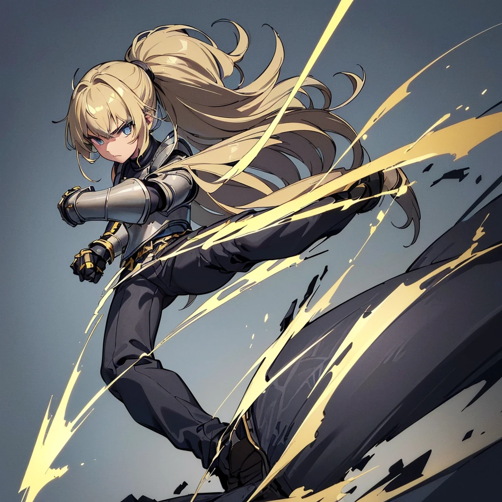 (((Solo)))、Highest quality, Best Quality、(((Gray simple armor、Black trousers))、(woman、18-year-old)、(Blonde、Long Hair)、Grab the sword、(Simple Background)、(Fighting stance, Flighting Pose, action, Movement angle, battle)、Dramatic Angle、(blue and yellow light)