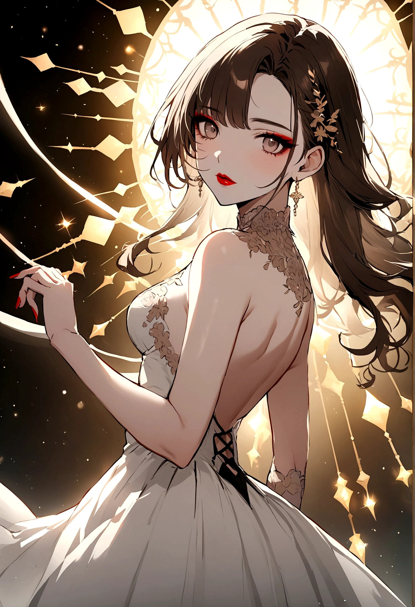 Create an image of the most stunningly gorgeous perfect sexy young girl, Stunningly gorgeous beautiful perfect face, perfect makeup, lipstick, open backless transparent lase mico dress,