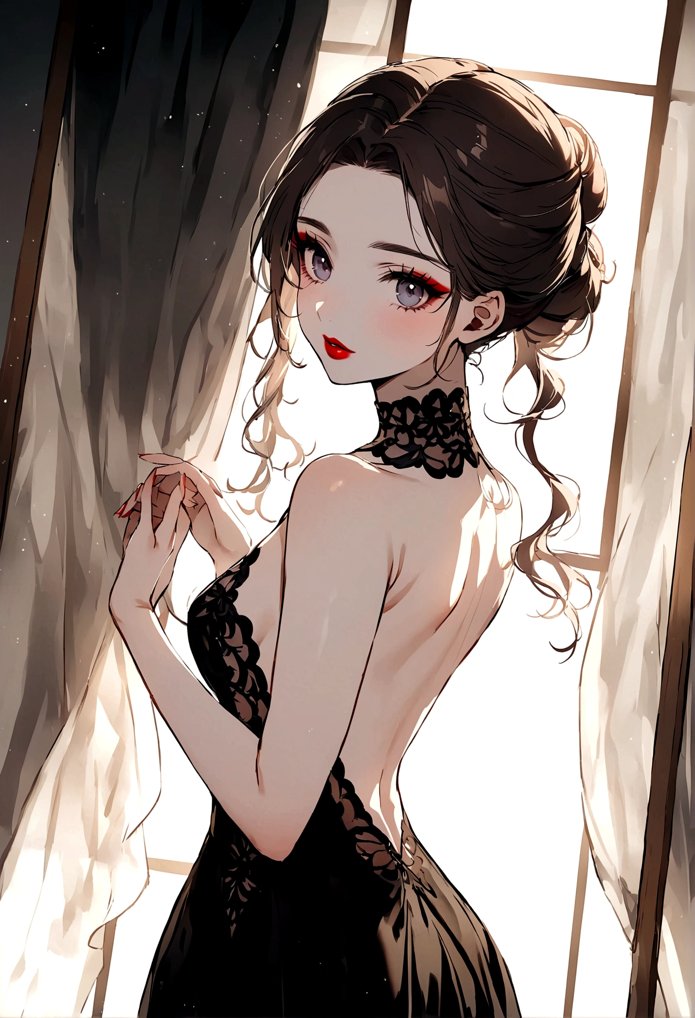In the dimly lit room of a weathered cabin, a strikingly athletic figure posed seductively in black lingerie. Her mature frame exuded confidence, with medium perky breasts accentuated by a detailed design featuring bear ears and vibrant red eyes. Long, flowing brown hair cascaded down her back in a sleek ponytail. This ultra-detailed image, perhaps a digital illustration, captured every subtle nuance of her seductive allure. The quality of the artwork was impeccable, infusing the scene with a sense of alluring mystery and captivating beauty.