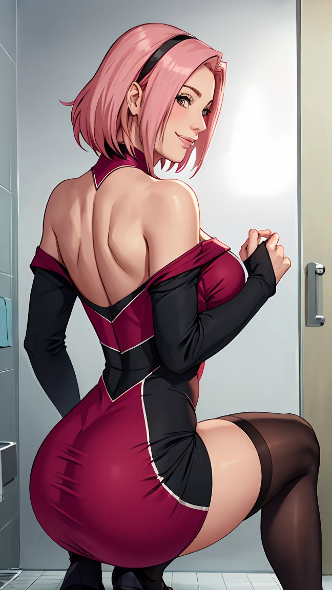 ((big ass))((BOG TITS))((perfect face))((sexy))(((Suit))), Masterpiece， The best quality at the best， 1girll， Sakura Haruno， BIG BREASTS,Off the shoulder clothing，transparent miniskirt ,（neckline)，（Closeup of upper body)，Sexy servant，is shy，smile，with pink hair， Long whitish hair， There is a woman with pink hair and stockings posing in a bathroom, Lower angle, illuminated from behind, on knees, thighs and skirt, on knees, peeping from behind, thighs close up, curvy accentuated booty, Hyperrealistic  in tight short dress , tucked knees, bend, hugging his knees, illuminated from below, View from behind
