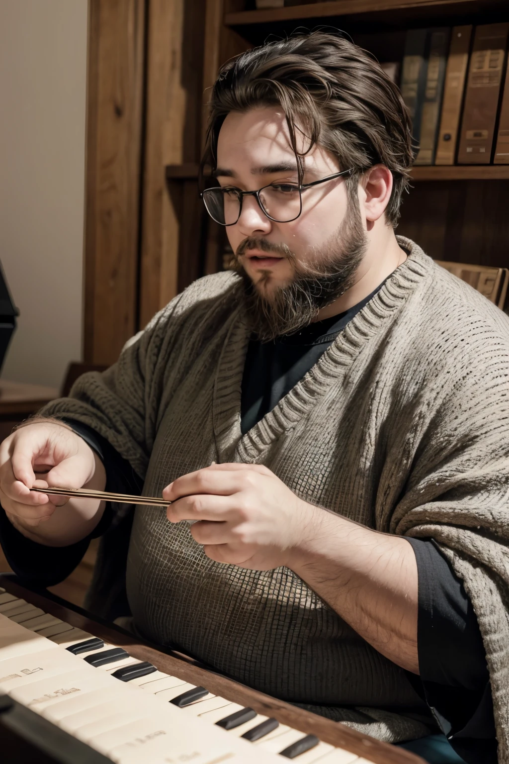 A chubby man with a beard and glasses playing a piano. He is dressed in an askis-type poncho.