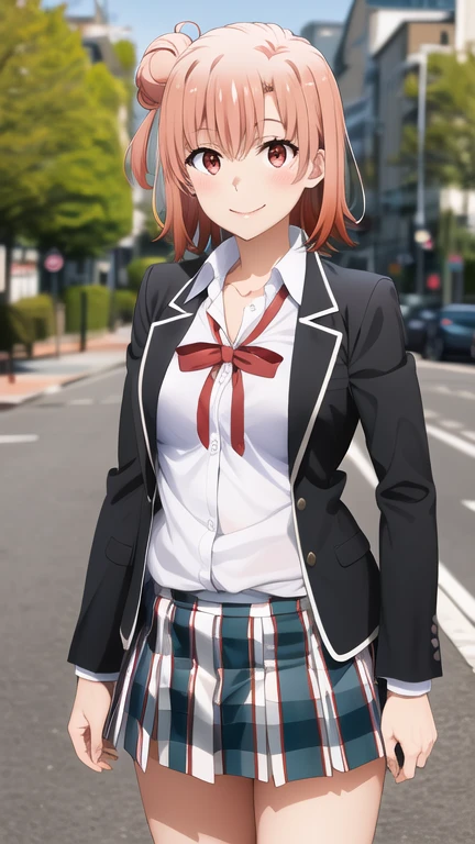 masterpiece, best quality, highres, aayui, short hair, single hair bun, red eyes, breasts, collarbone, neck ribbon, white shirt, dress shirt, blazer, black jacket, open jacket, long sleeves, plaid skirt, standing, cowboy shot, outdoors, smile