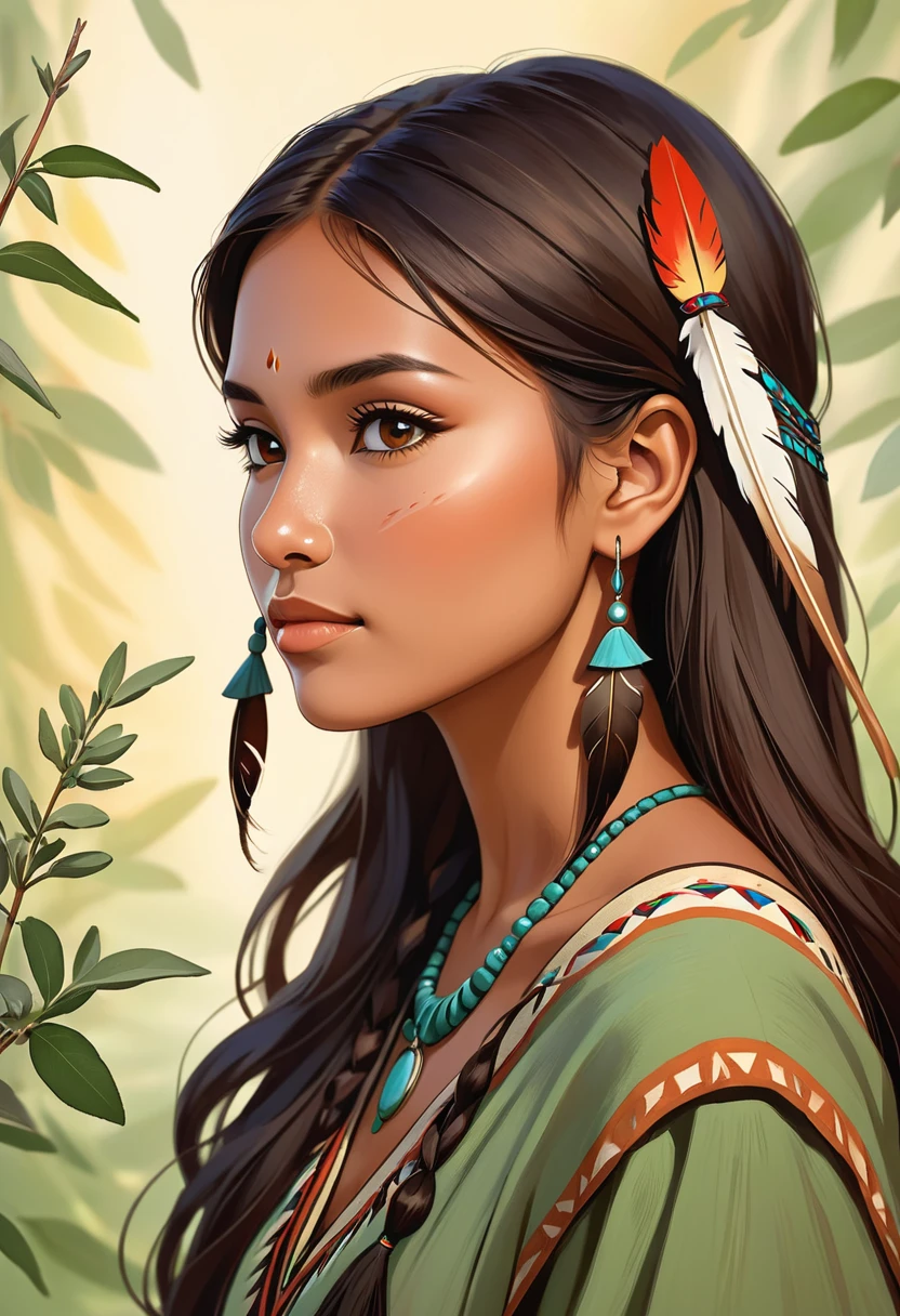 elegant, sage, young and beautiful native brown woman looking sideway, with a native nose.