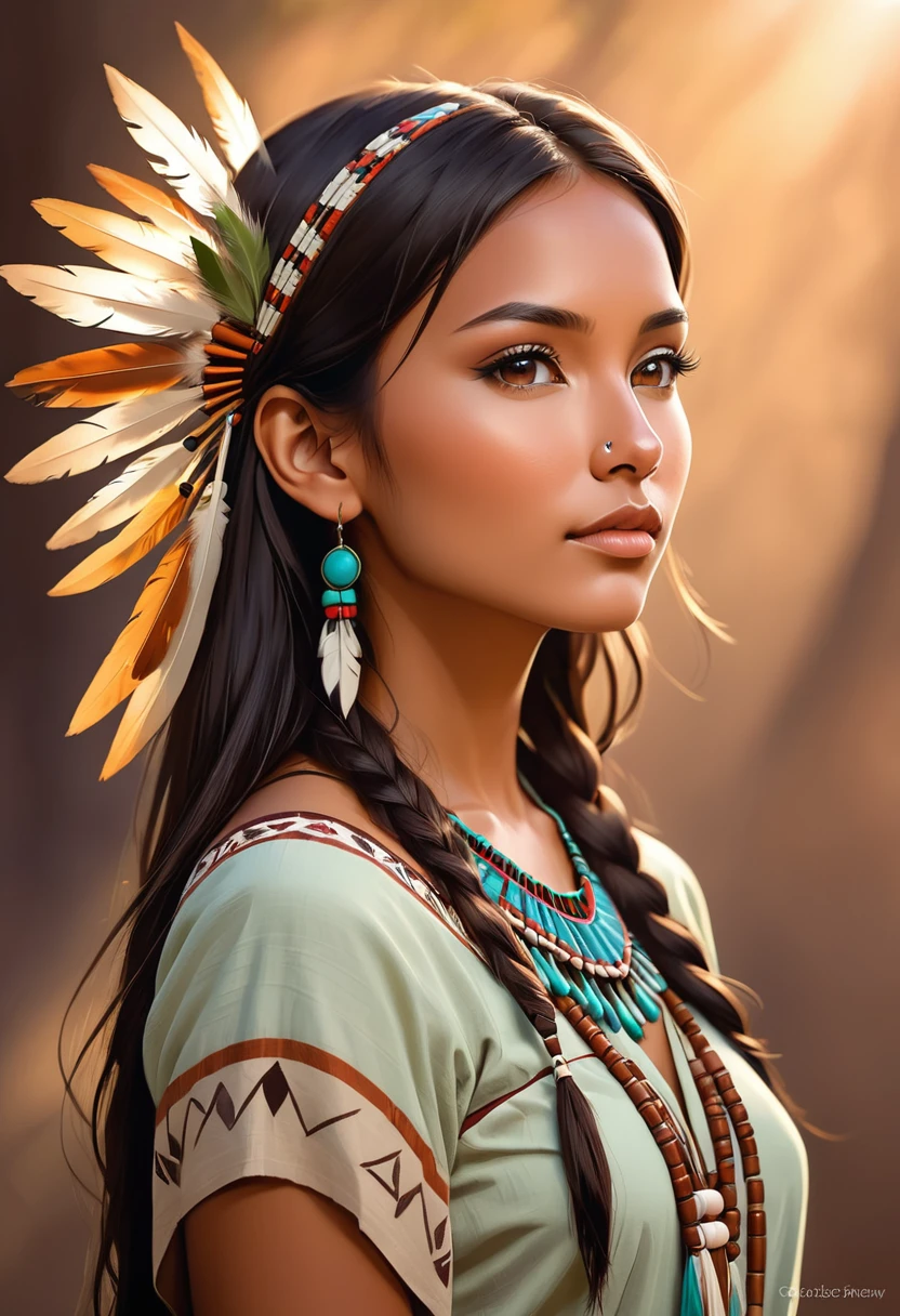 elegant, sage, young and beautiful native brown woman looking sideway, with a native nose.