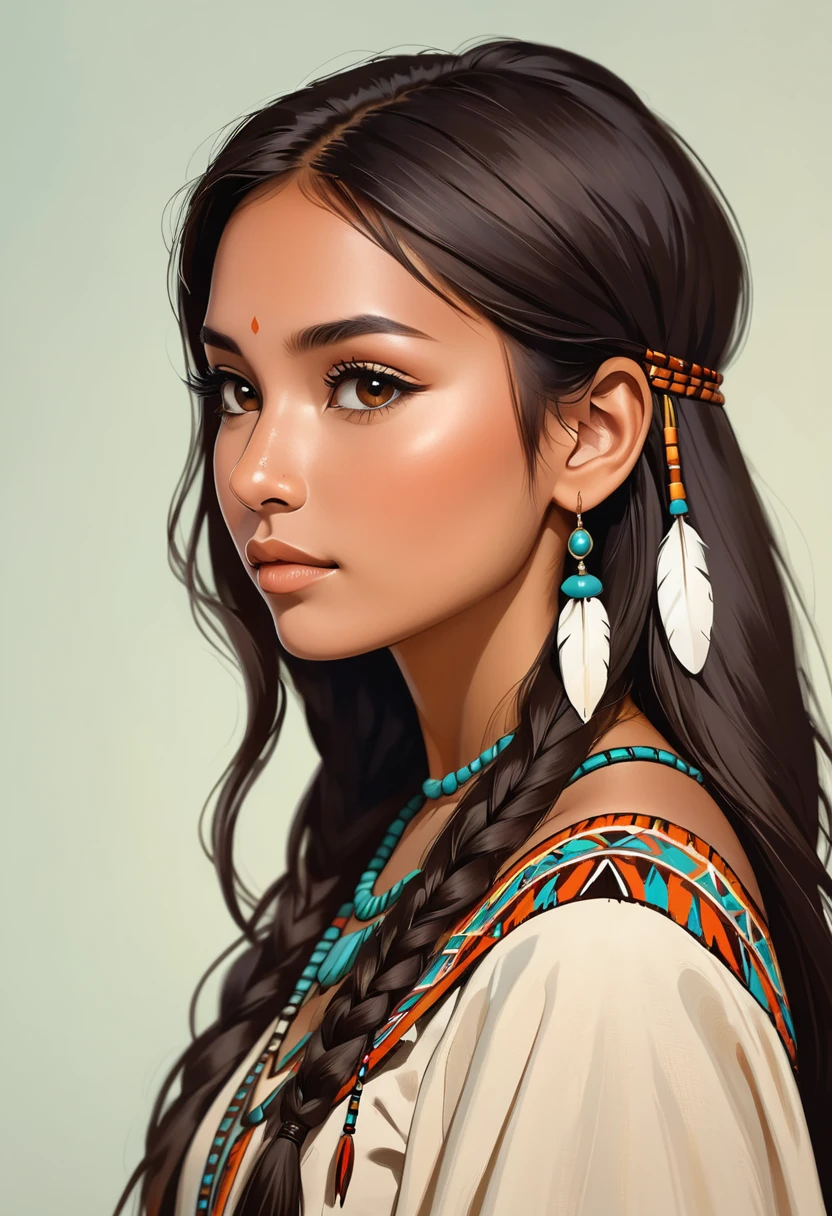 elegant, sage, young and beautiful native brown woman looking sideway, with a native nose.