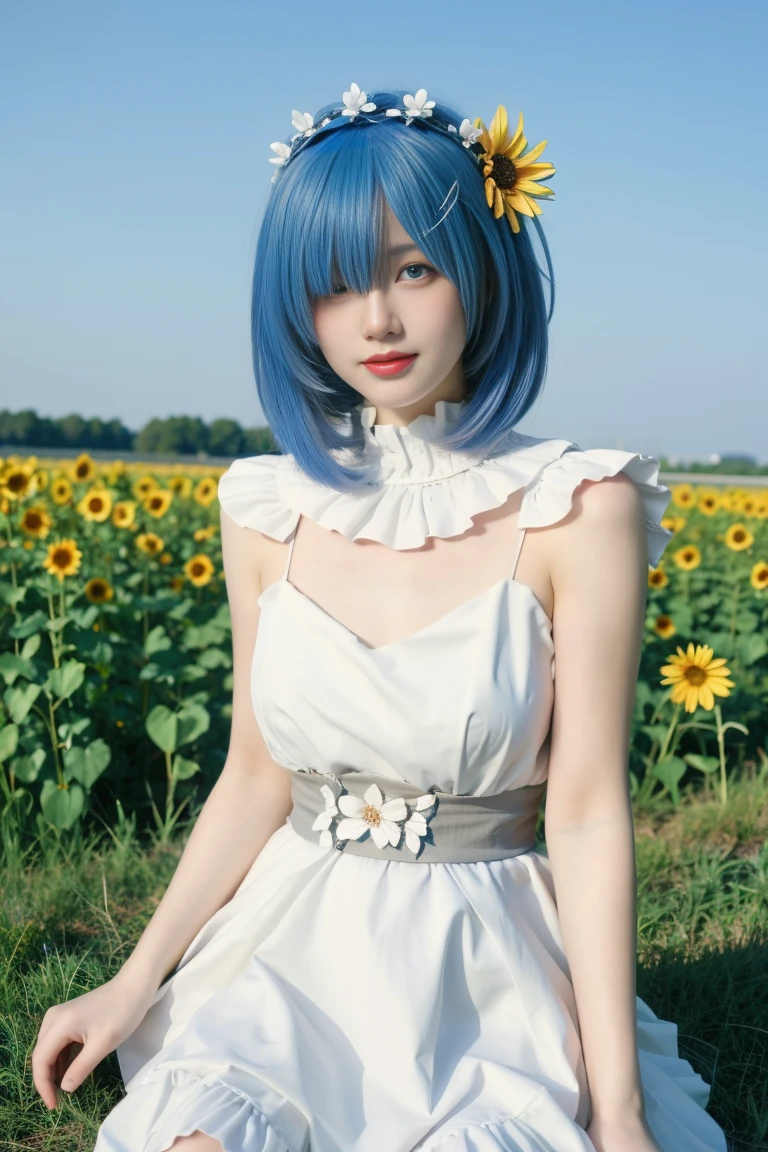 best quality, tmasterpiece,Ultra-high resolution,Clear face,(Reality:1.4),ferpect lighting,(upper body shot:1.5), (photorealistic:1.50), anime wallpaper, Guviz style artwork, cover-up fantasy up to magic , by Yang J, Guviz, beautiful artwork illustration, beautiful digital artwork, beautiful digital illustration, Li Song, beautiful anime portrait, art style in Beauvot,1girl,rem(re-zero),blue_eyes,blue_hair,blue_sky,blush,cloud,day,dress,field,flower,flower_field,from_side,hair_between_eyes,hair_flower,hair_ornament,hat,hat_flower,hat_ribbon,lens_flare,looking_at_viewer,open_mouth,outdoors,pink_flower,plaid,plaid_ribbon,ribbon,short_dress,short_hair,shoulder_blades,skirt_hold,sky,sleeveless,sleeveless_dress,独奏, sitting,strap_gap,straw_hat,sun_hat,sundress,sunflower,sunflower_field,white_dress,yellow_flower,yellow_hat,