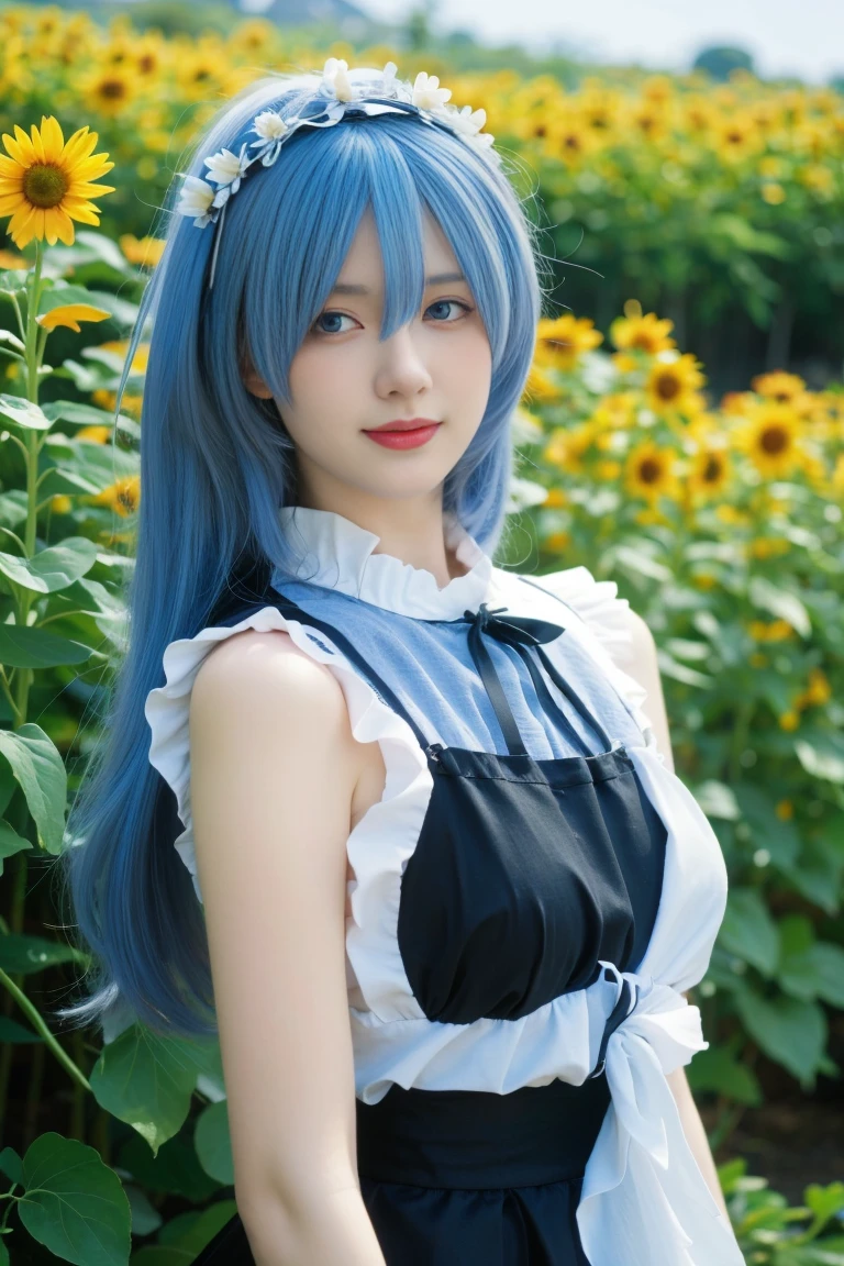 best quality, tmasterpiece,Ultra-high resolution,Clear face,（Reality：1.4），ferpect lighting，(upper body shot:1.5), (photorealistic:1.50), anime wallpaper, Guviz style artwork, cover-up fantasy up to magic , by Yang J, Guviz, beautiful artwork illustration, beautiful digital artwork, beautiful digital illustration, Li Song, beautiful anime portrait, art style in Beauvot,1girl,rem(re-zero),blue_eyes,blue_hair,blue_sky,blush,cloud,day,dress,field,flower,flower_field,from_side,hair_between_eyes,hair_flower,hair_ornament,hat,hat_flower,hat_ribbon,lens_flare,looking_at_viewer,open_mouth,outdoors,pink_flower,plaid,plaid_ribbon,ribbon,short_dress,short_hair,shoulder_blades,skirt_hold,sky,sleeveless,sleeveless_dress,独奏,standing,strap_gap,straw_hat,sun_hat,sundress,sunflower,sunflower_field,white_dress,yellow_flower,yellow_hat,