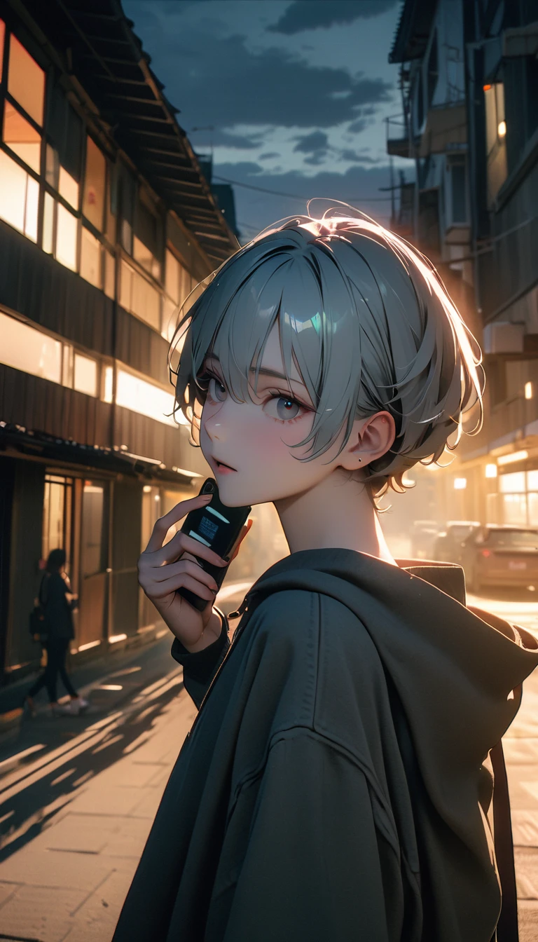 (8K, RAW photos, best quality, masterpiece: 1.4), (((Boy talking on cell phone))),Ultra-high resolution, Extremely detailed, light, Upper body close-up, handsome boy, black eyes, (delicate eyes, Eyes are bright:1.2), Gray short hair, Fair skin,dark, Grey sweatshirt, sweatshirt with hood,(perfect anatomy:1.2), High-quality shadows, Natural Lighting, (White highlights:1.2), night, cloudy day, (Four-story residential building:1.2), (Call up:1.2)