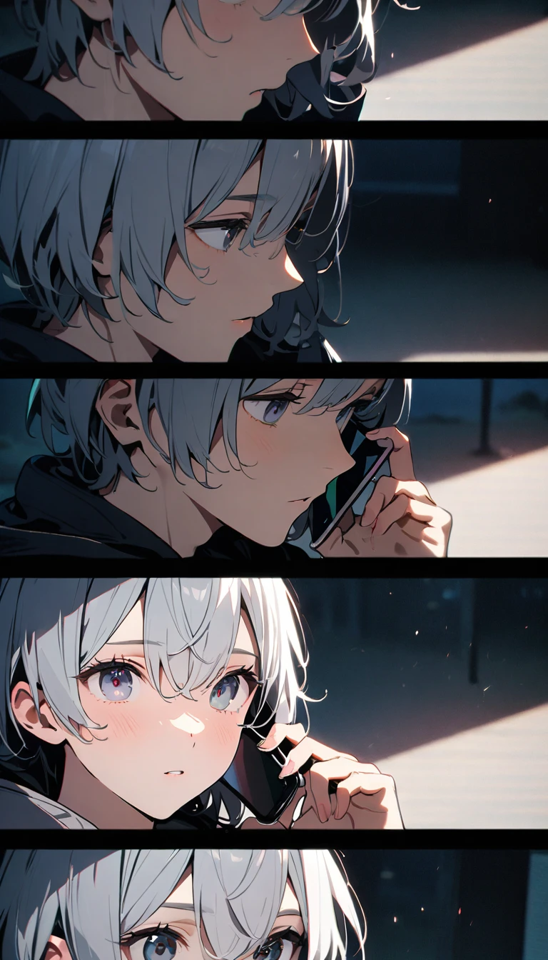 (8K, RAW photos, best quality, masterpiece: 1.4), (((Boy talking on cell phone)))，Ultra-high resolution, Extremely detailed, light, Upper body close-up, handsome boy, black eyes, (delicate eyes, Eyes are bright:1.2), Gray short hair, Fair skin,dark, Grey sweatshirt, sweatshirt with hood,(perfect :1.2), High-quality shadows, Natural Lighting, (White highlights:1.2), night, cloudy day, (Four-story residential building:1.2), (Call up:1.2)