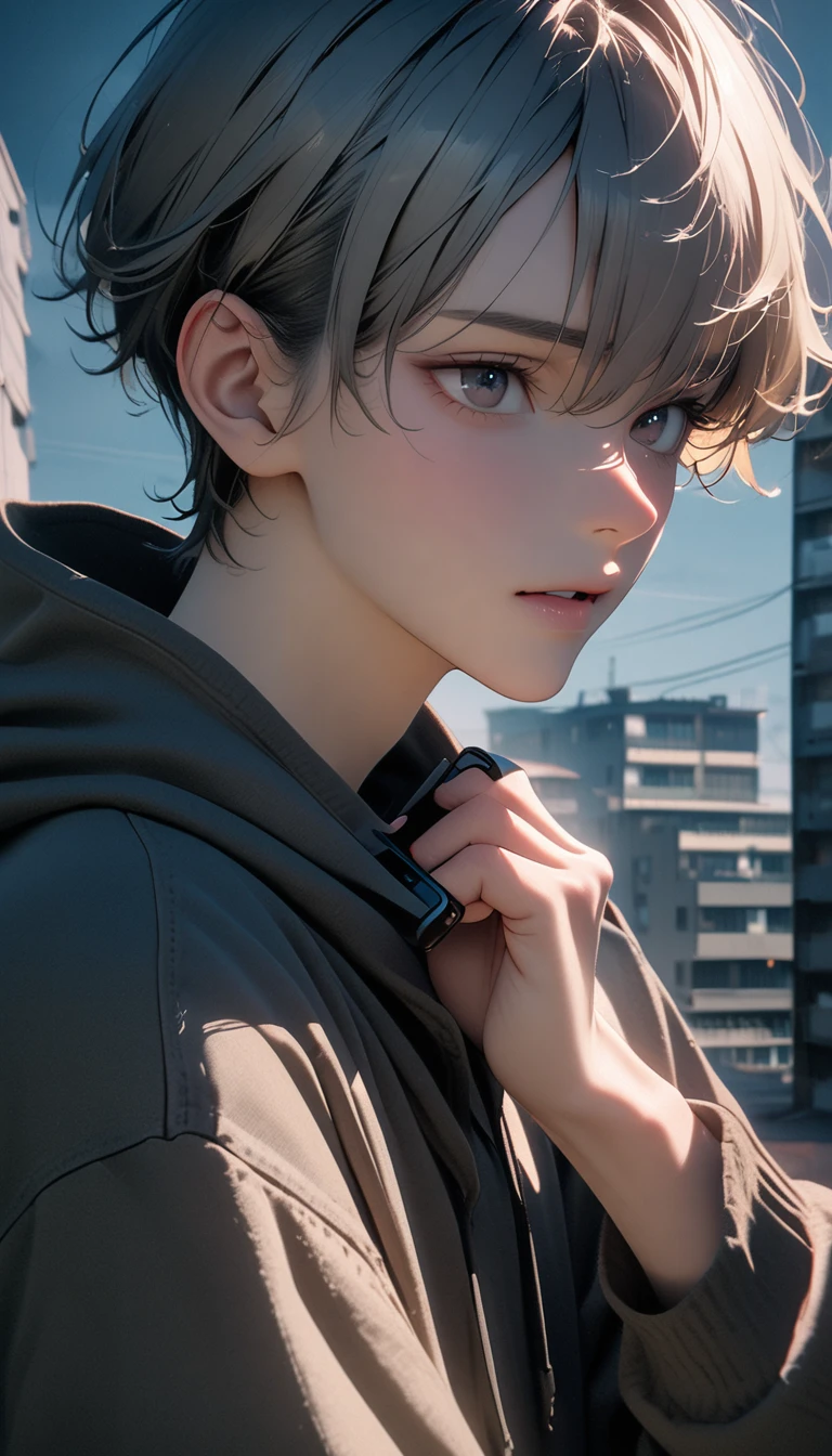 (8K, RAW photos, best quality, masterpiece: 1.4), (((Boy talking on cell phone)))，Ultra-high resolution, Extremely detailed, light, Upper body close-up, handsome boy, black eyes, (delicate eyes, Eyes are bright:1.2), Gray short hair, Fair skin,dark, Grey sweatshirt, sweatshirt with hood,(perfect anatomy:1.2), High-quality shadows, Natural Lighting, (White highlights:1.2), night, cloudy day, (Four-story residential building:1.2), (Call up:1.2)