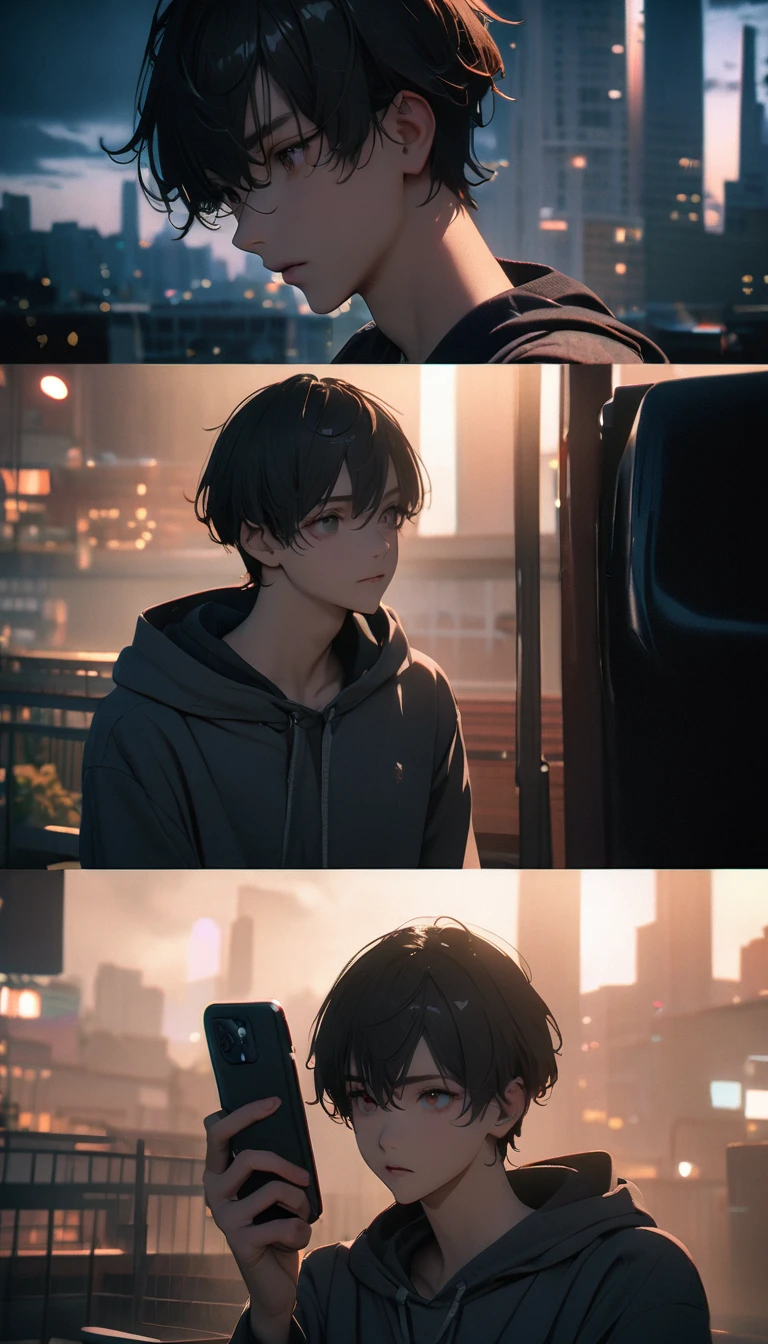(8K, RAW photos, best quality, masterpiece: 1.4), (((Boy talking on cell phone)))，Ultra-high resolution, Extremely detailed, light, Upper body close-up, handsome boy, black eyes, (delicate eyes, Eyes are bright:1.2), Gray short hair, Fair skin,dark, Grey sweatshirt, sweatshirt with hood,(perfect :1.2), High-quality shadows, Natural Lighting, (White highlights:1.2), night, cloudy day, (Four-story residential building:1.2), (Call up:1.2)
