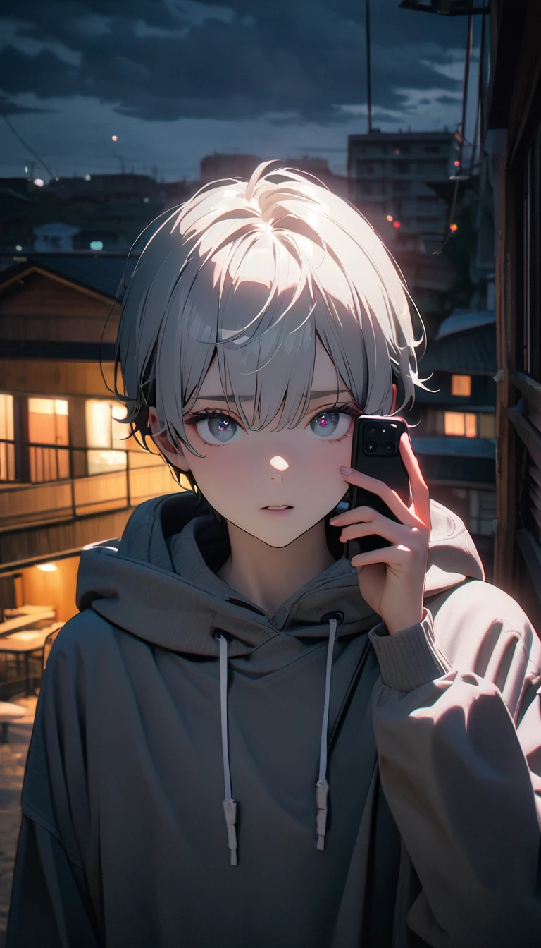(8K, RAW photos, best quality, masterpiece: 1.4), (((Boy talking on cell phone)))，Ultra-high resolution, Extremely detailed, light, Upper body close-up, handsome boy, black eyes, (delicate eyes, Eyes are bright:1.2), Gray short hair, Fair skin,dark, Grey sweatshirt, sweatshirt with hood,(perfect anatomy:1.2), High-quality shadows, Natural Lighting, (White highlights:1.2), night, cloudy day, (Four-story residential building:1.2), (Call up:1.2)