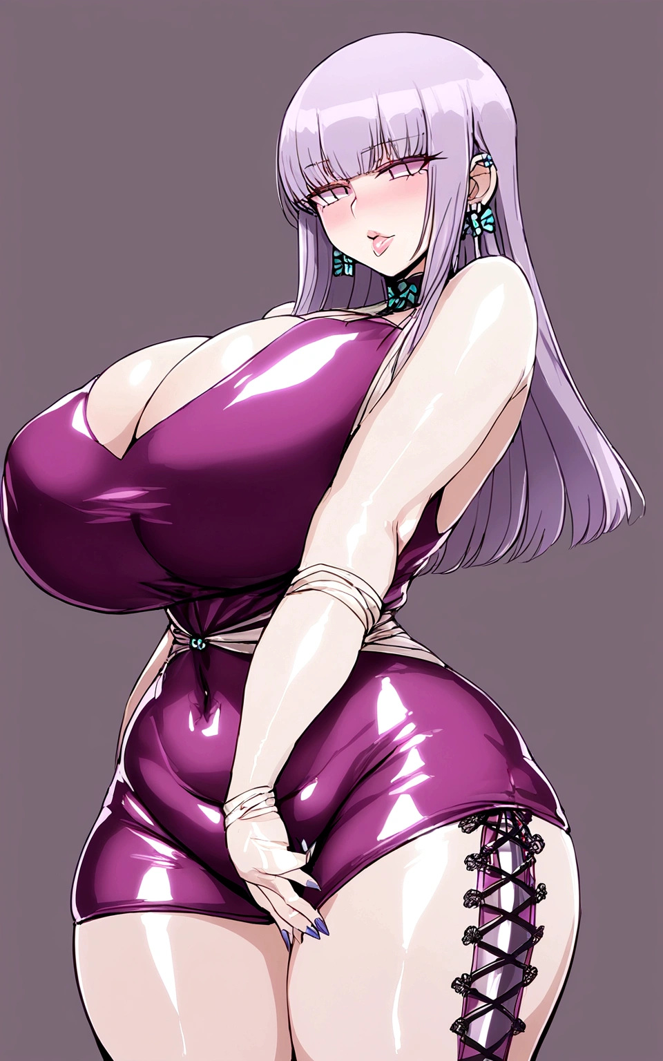 mature mother wearing white shirt with hair up giving classes in salon wide hips huge breasts great cleavage thick lips black hair