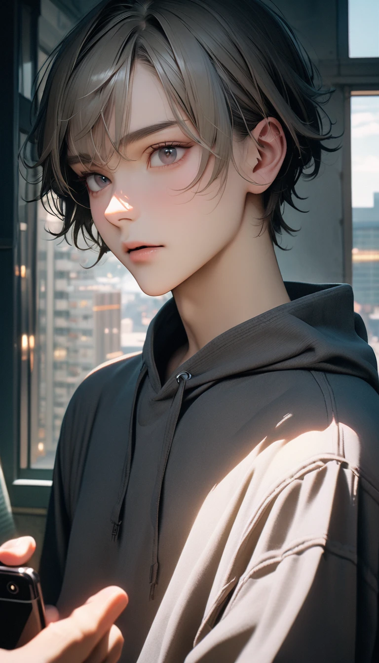 (8K, RAW photos, best quality, masterpiece: 1.4), (((Boy talking on cell phone))),Ultra-high resolution, Extremely detailed, light, Upper body close-up, handsome boy, black eyes, (delicate eyes, Eyes are bright:1.2), Gray short hair, Fair skin,dark, Grey sweatshirt, sweatshirt with hood,(perfect anatomy:1.2), High-quality shadows, Natural Lighting, (White highlights:1.2), night, cloudy day, (Four-story residential building:1.2), (Call up:1.2)