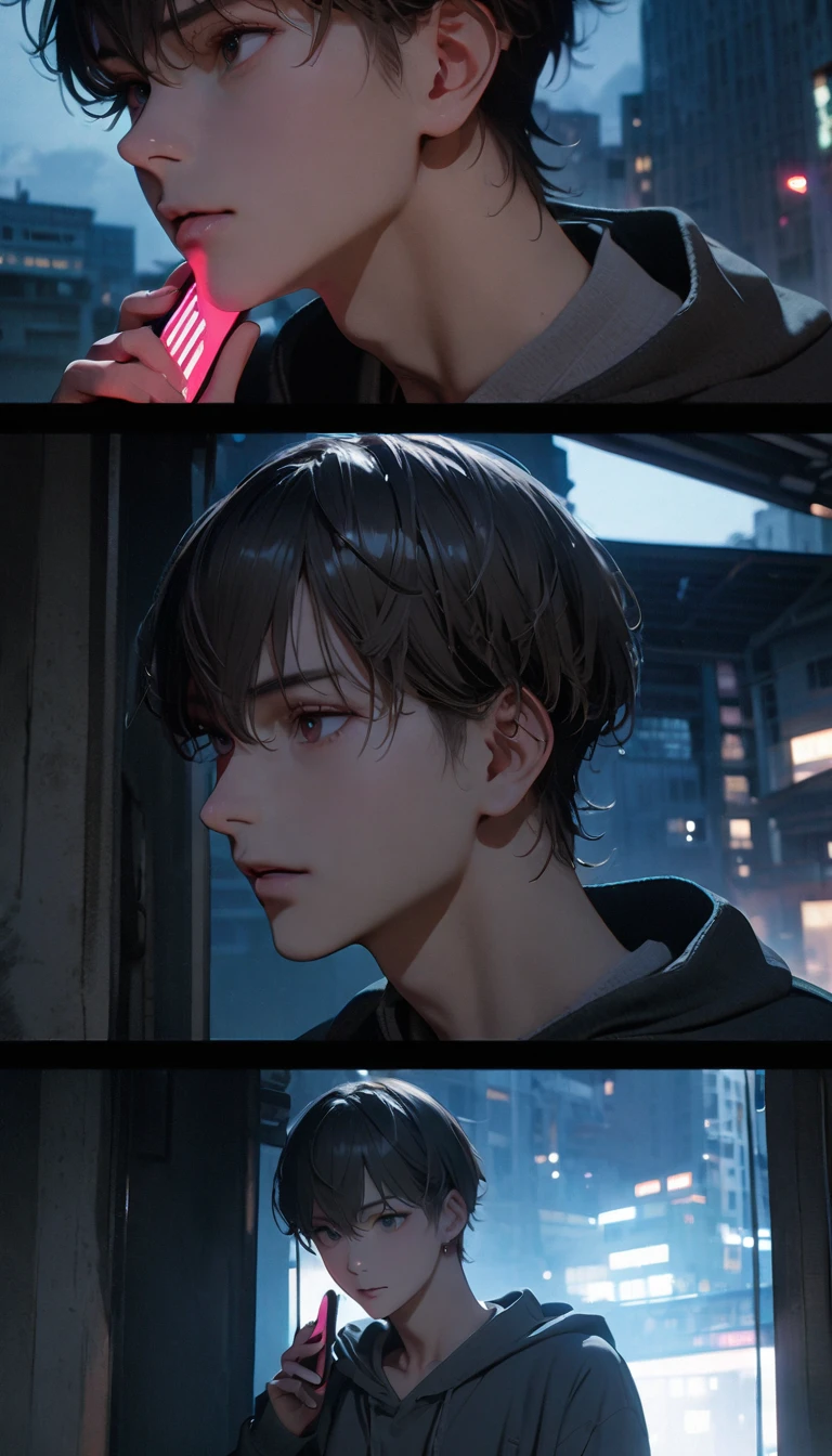 (8K, RAW photos, best quality, masterpiece: 1.4), (((Boy talking on cell phone)))，Ultra-high resolution, Extremely detailed, light, Upper body close-up, handsome boy, black eyes, (delicate eyes, Eyes are bright:1.2), Gray short hair, Fair skin,dark, Grey sweatshirt, sweatshirt with hood,(perfect anatomy:1.2), High-quality shadows, Natural Lighting, (White highlights:1.2), night, cloudy day, (Four-story residential building:1.2), (Call up:1.2)