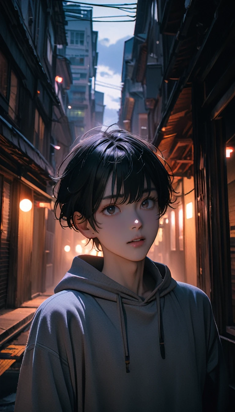 (8K, RAW photos, best quality, masterpiece: 1.4), (((Boy talking on cell phone))),Ultra-high resolution, Extremely detailed, light, Upper body close-up, handsome boy, black eyes, (delicate eyes, Eyes are bright:1.2), Gray short hair, Fair skin,dark, Grey sweatshirt, sweatshirt with hood,(perfect anatomy:1.2), High-quality shadows, Natural Lighting, (White highlights:1.2), night, cloudy day, (Four-story residential building:1.2), (Call up:1.2)