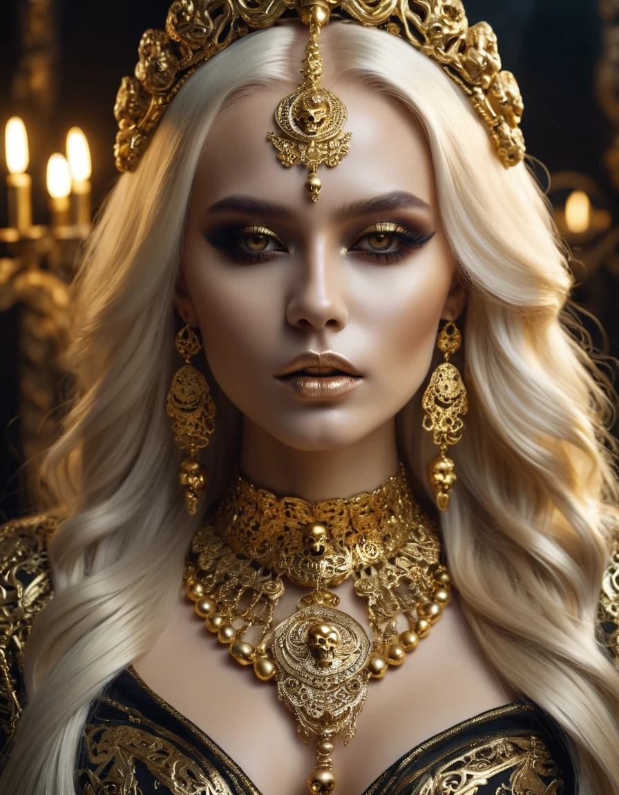 very attractive caucasian 25 year old girl with long platinum blonde hair, woman dressed golden and gold makeup,in the style of skull motifs,covered in luxurious jewelry, jewelry, luxury, dark white and dark bronze, jewelry by painters and sculptors,high details,realistic,ultra intricate detailing, 8k, Cinematic Lighting, cinematic, very realistic