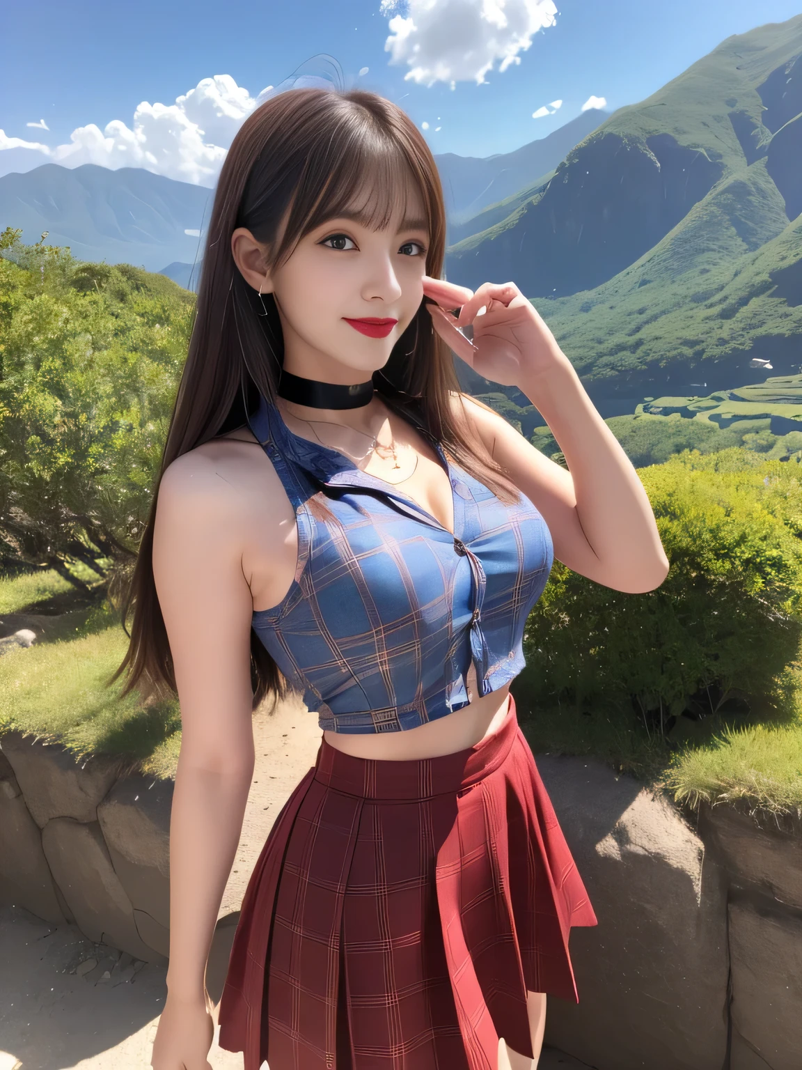 ((Highest quality, 8K, Representative works in detail, Ultra-high resolution)), (Looking at the audience), Attractive woman, ((Big Breasts)), smile, ((Black Choker)), Slim figure, (blue eyes), Long eyelashes, bangs, Beautiful shiny brown hair, Nogizaka idol, Slim face、((Checked shirt、flare skirt、Full body portrait)), Millionaire's daughter、Dependents、Glossy straight hair、((Mountain trail、look up、Nice views)), Red lipstick, ((Mountainous Regions))、blue sky、Healthy Thighs、A dreamy look、Fanatics、servant、Long, thin fingers、Very long fingers