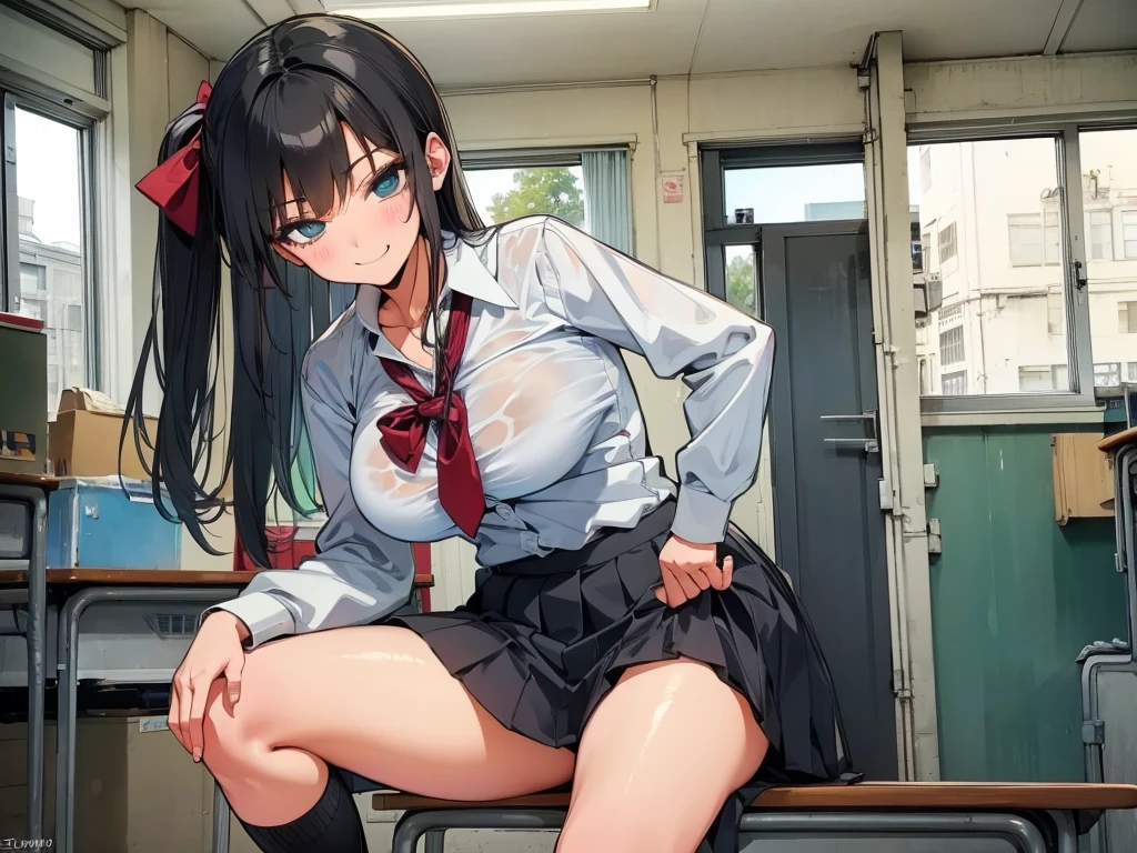 high school 、Women、School classroom、(Big Breasts)、smirk、curvy、(((((1 girl)))))、(from below)、With a cheek cane、