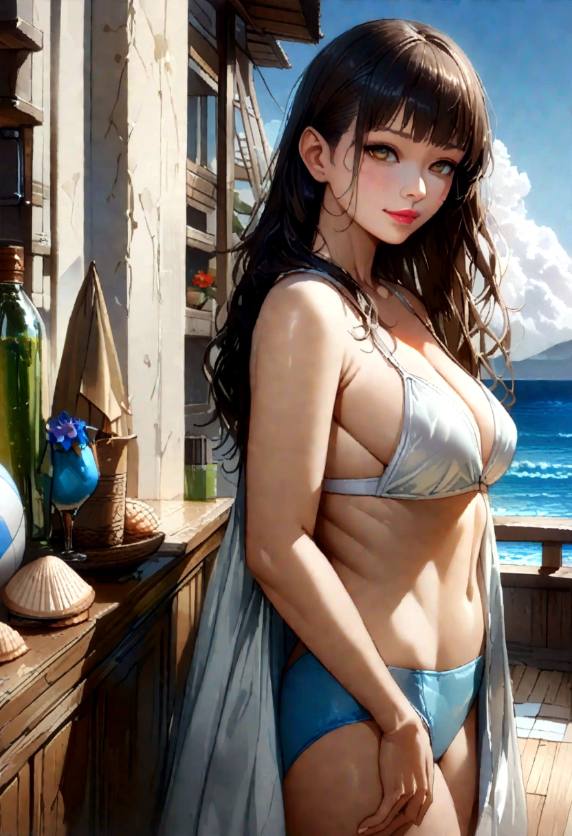 Focus on the person. We create and express the best shining composition of the person. ((Masterpiece)), (((highest quality)))), ((Ultra detail)), (Ultra realistic), (Highly detailed CG illustrations), (Very delicate and beautiful), Girls as masterpieces, highest quality, realistic skin, realistic fabrics, realist illustrations focusing on girls with realistic and ultra-detailed eyes in the center front. This is the absolute rule, and the following sentence expresses the image quality. It is the greatest masterpiece in the history of the class of Inuitsuki Ichigo, in which the owner of the greatest painting talent in human history met an unparalleled beauty and risked his life to depict the most beautiful figure. Create stunning anime artwork that is currently trending on seaStation, showcasing exquisite beauty and captivating aesthetics. 
"Imagine a scene where the ocean waves gently lap under the beach sun, and the sisters are playing in bright bikinis, building sandcastles. They are building sea shells and star-shaped sandcastles. Capture their smiles and happy expressions. In the background, you can see the blue sea and sky, and in the distance you can see a sailing ship. Add beach items like beach balls and floats to add liveliness to the scene."