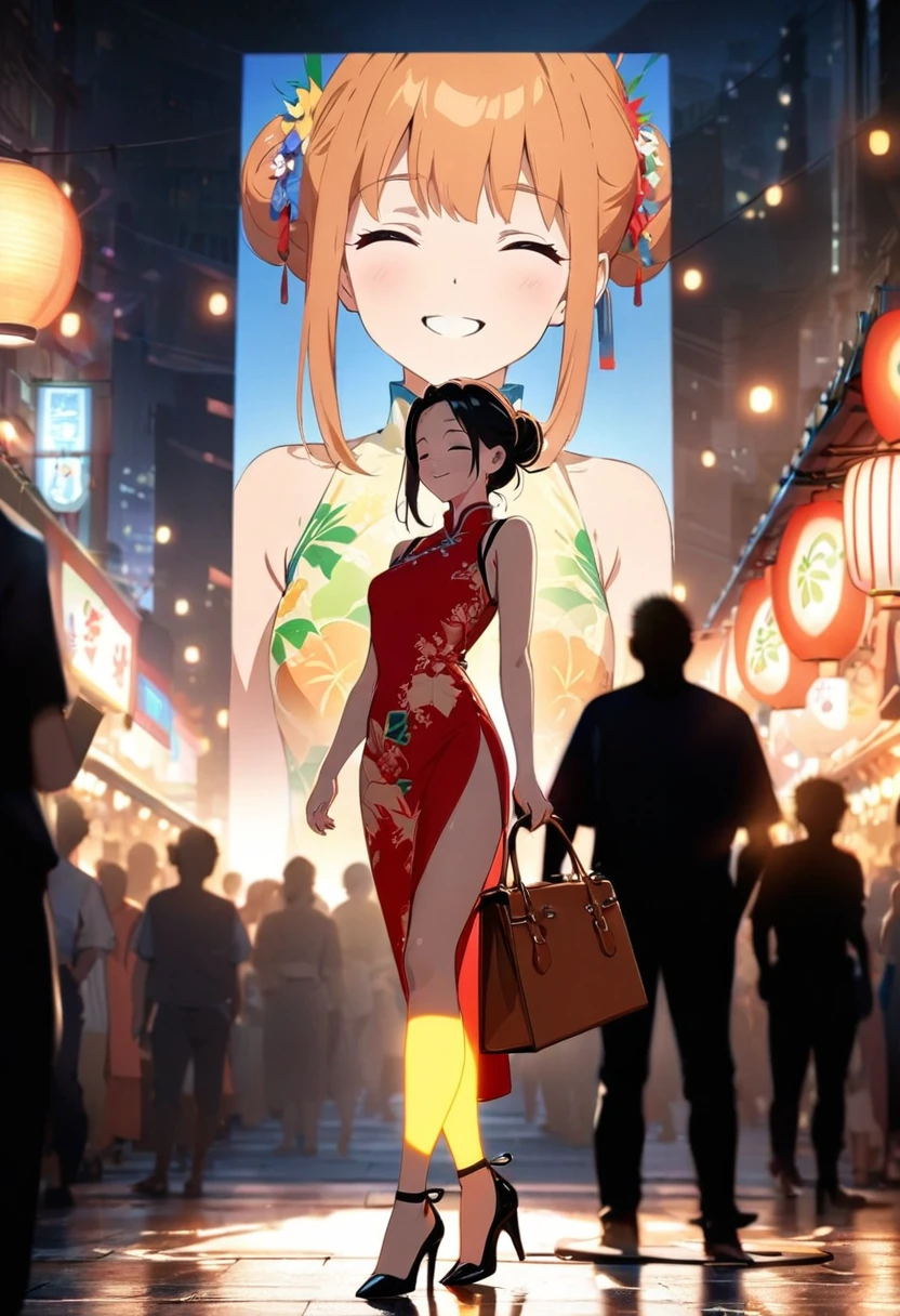 (best quality,8k,highres, masterpiece:1.2), (anime style),ultra-detailed, HDR, UHD, studio lighting, ultra-fine painting, sharp focus, physically-based rendering, extreme detail description, professional, vivid colors, bokeh, portraits, concept artists, warm color palette, dramatic lighting,Summer festival night,1 beautiful woman,(no sleeves China dress),updo, big smile, closed eyes, (The cityscape lined with the fairs of summer festivals),(beautiful hair, glowing skin,),(Silhouette of a passing crowd),(anime style),(high heels with straps),Holding a Hermès Kelly Bag