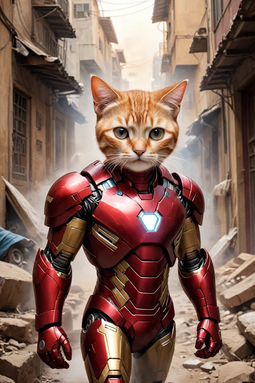 small, There are no humans in this world、The world of anthropomorphized cats、Wearing an Iron Man suit、Also wearing Iron Man's head、かわいいbornき物全身, Costumes,、 Fantasy art, Exquisite detail, An anthropomorphic, fat, furry tabby kitten with yellow eyes, Movie Scenes, Dramatic shot angles, , Realistic, born々Amazing cinematic photorealism, Action Portrait, 8K, detailed, Full Frame