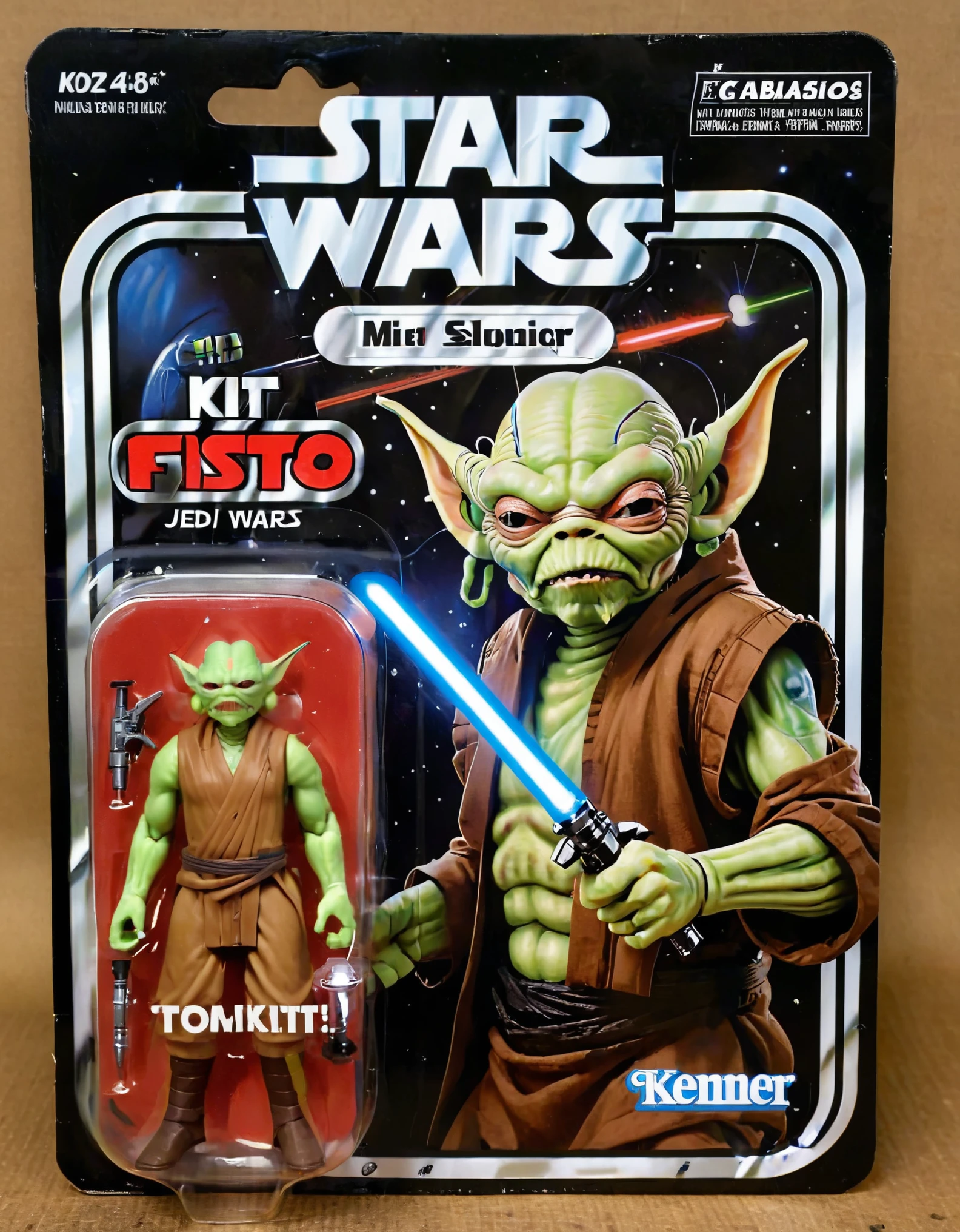 A lifelike figurine resembling the well-known Jedi master of star wars , Kit Fisto, stands prominently displayed. The figurine captures his iconic exaggerated features with striking realism, including his metalic full body machine and lightsaber Alongside it, the packaging showcases a cartoon illustration of jedi master, adding a playful contrast to the realism of the figure. The monotone yet menacing packaging is a juxtaposition to the character. The name ('Kit Fisto':1.5) is printed in bold, eye-catching letters on the packaging, highlighting his renowned identity,